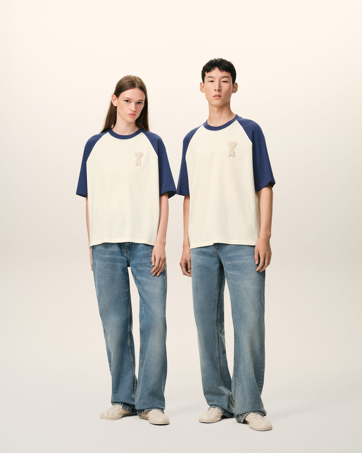 White And Blue Cotton Knitted Patch T-shirt