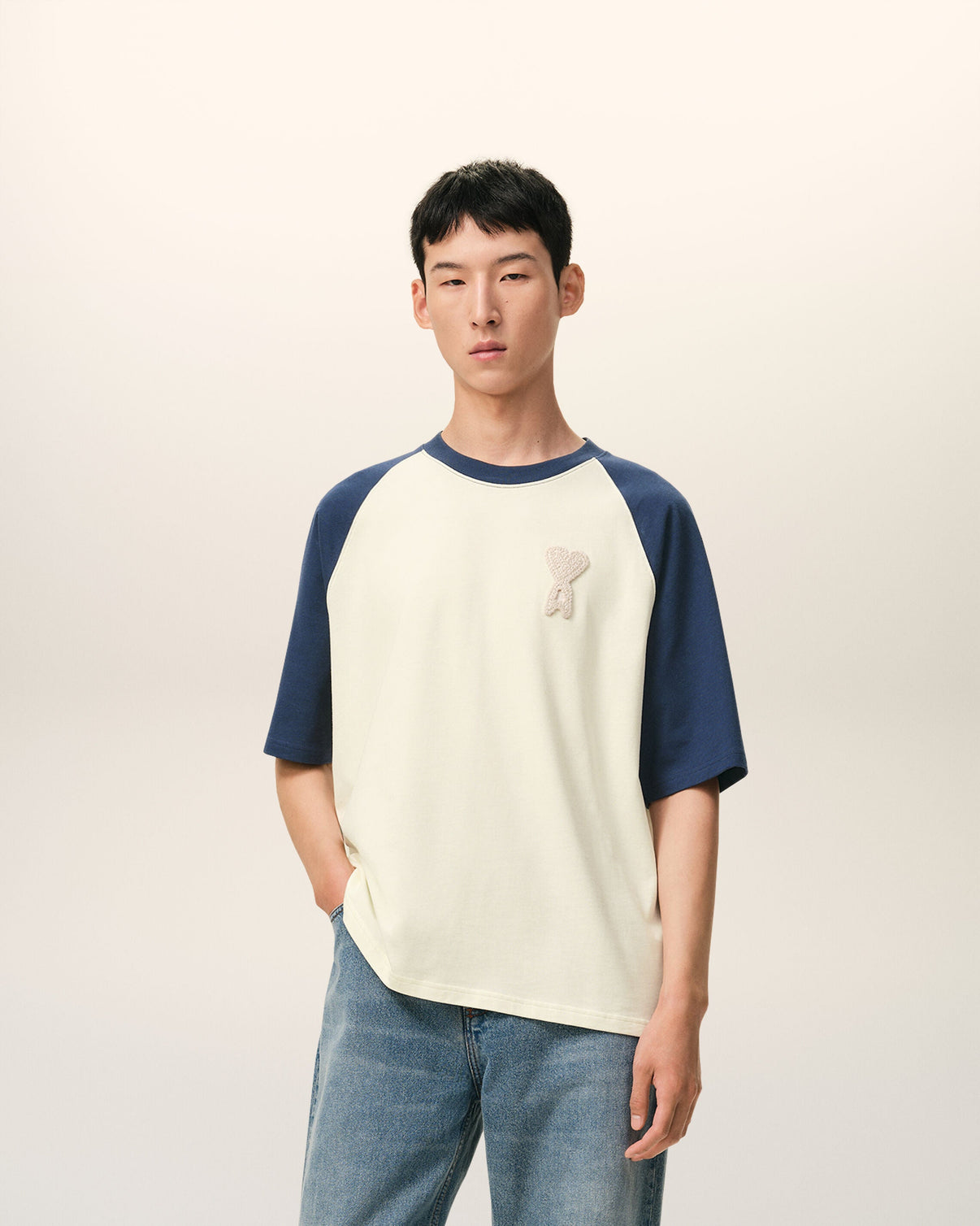 White And Blue Cotton Knitted Patch T-shirt