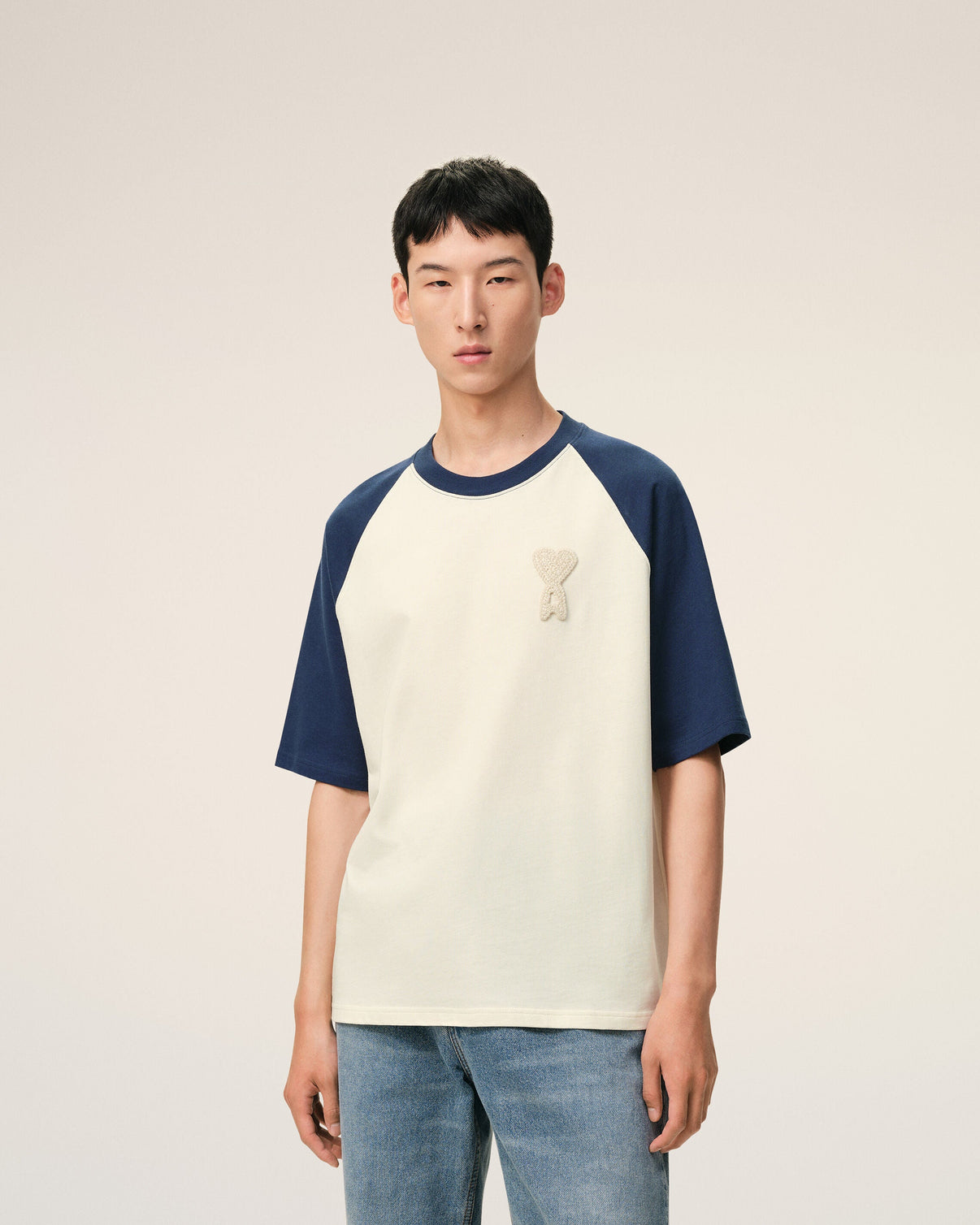 White And Blue Cotton Knitted Patch T-shirt