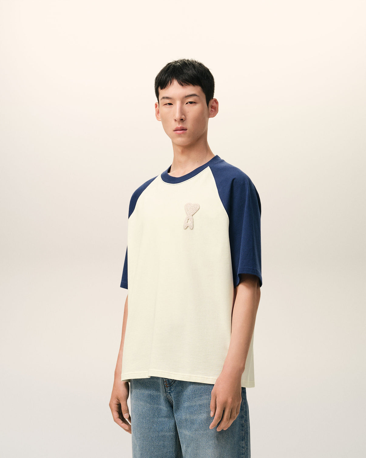 White And Blue Cotton Knitted Patch T-shirt