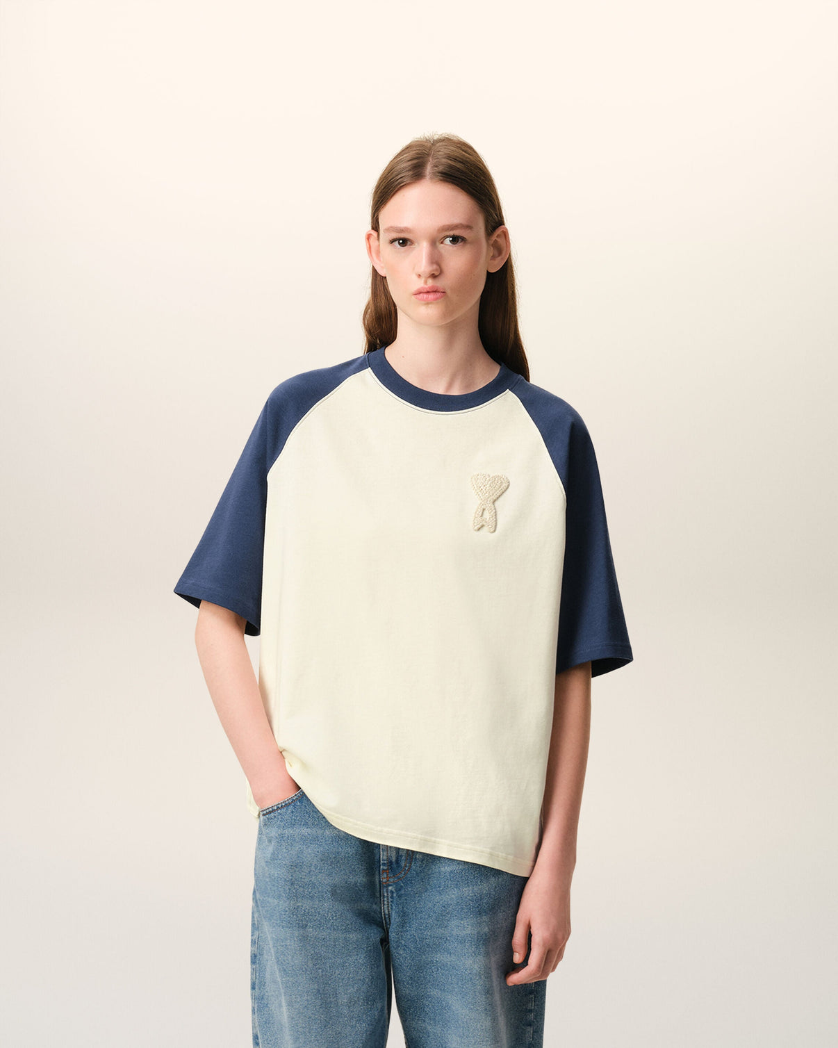 White And Blue Cotton Knitted Patch T-shirt