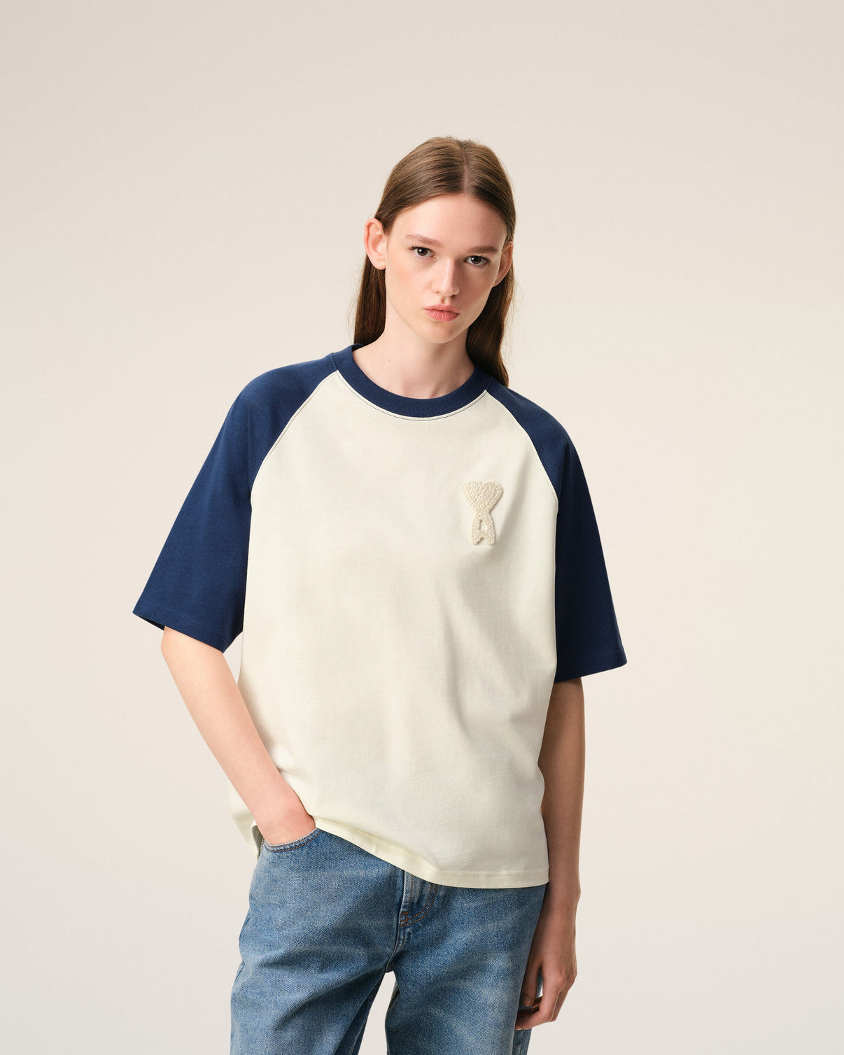 White And Blue Cotton Knitted Patch T-shirt