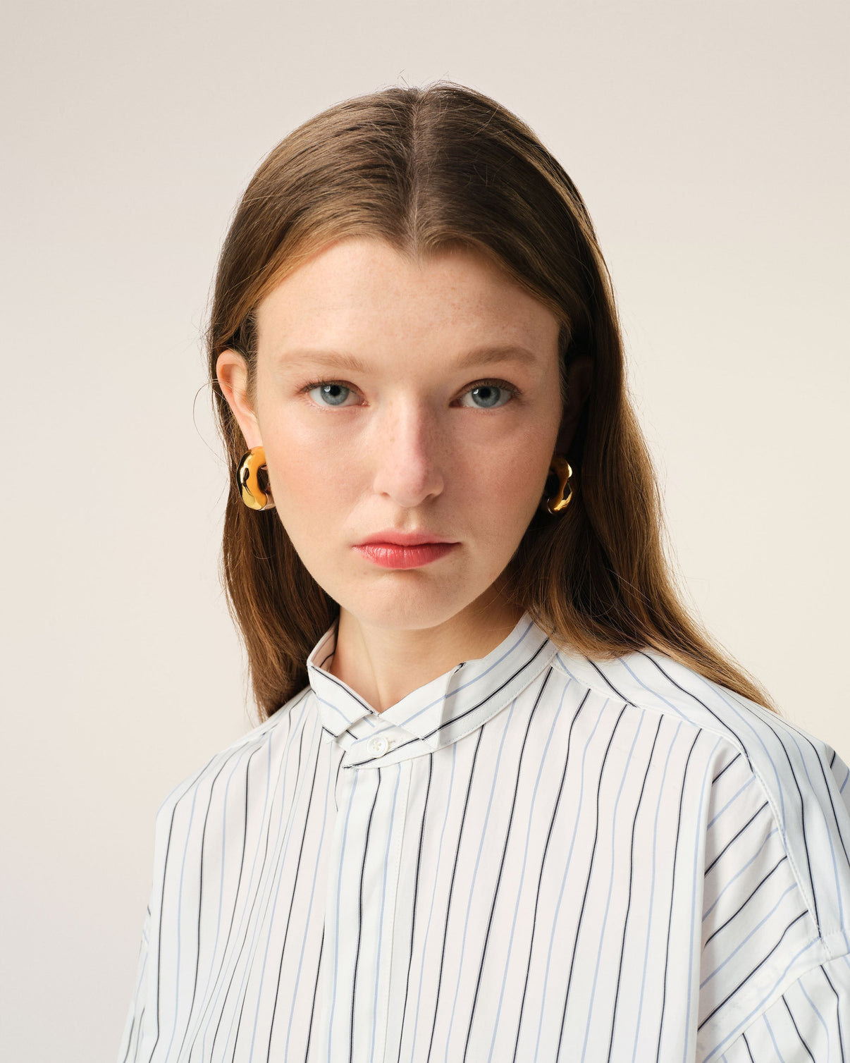White And Blue Cotton Wingtip Collar Oversized Shirt