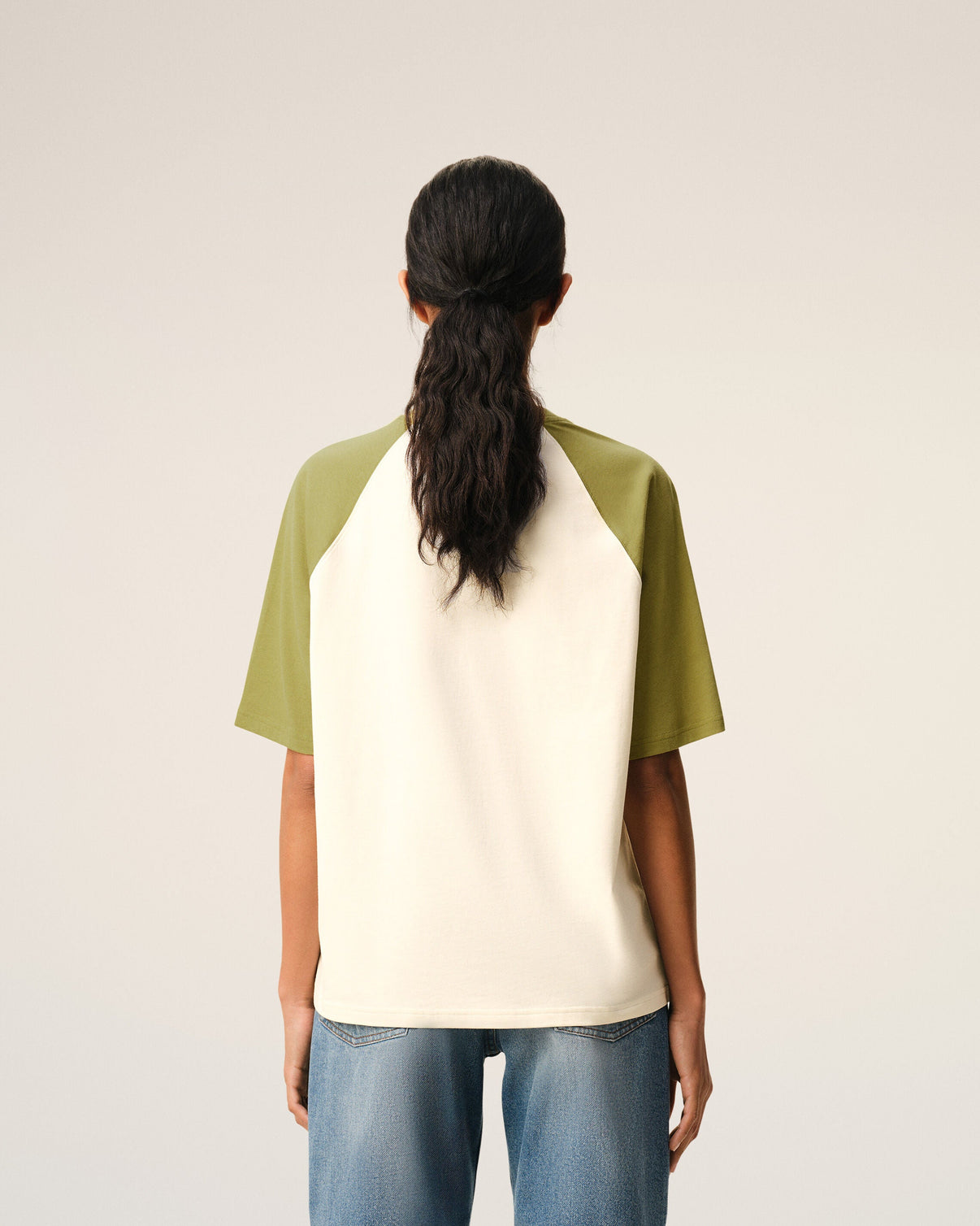 White And Green Cotton Knitted Patch T-shirt