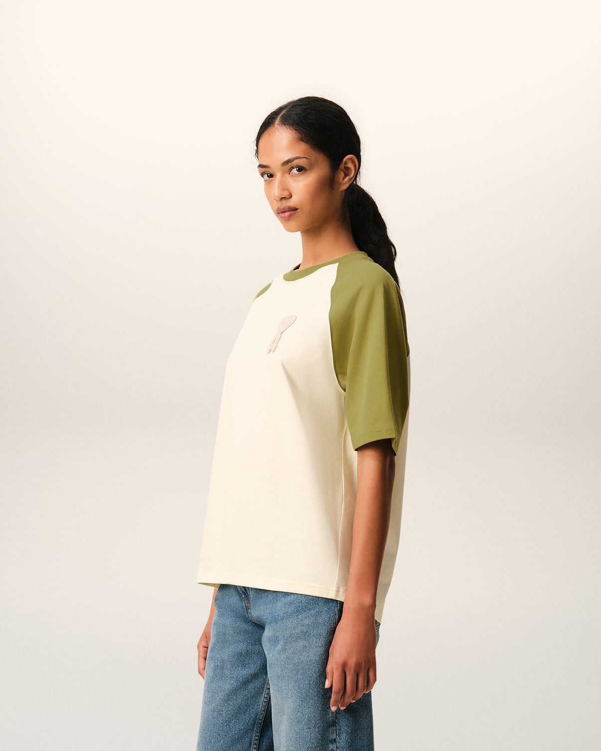 White And Green Cotton Knitted Patch T-shirt