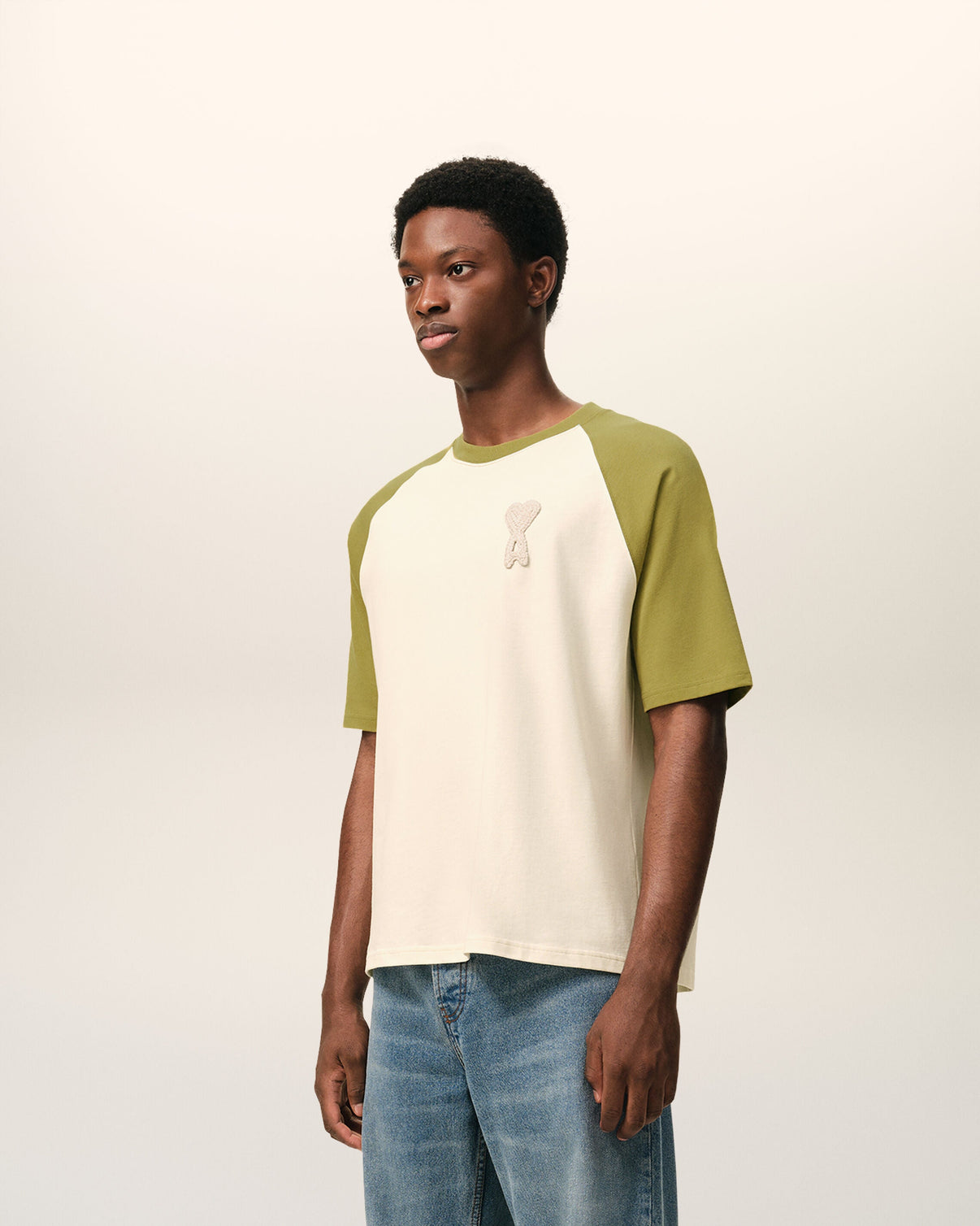 White And Green Cotton Knitted Patch T-shirt
