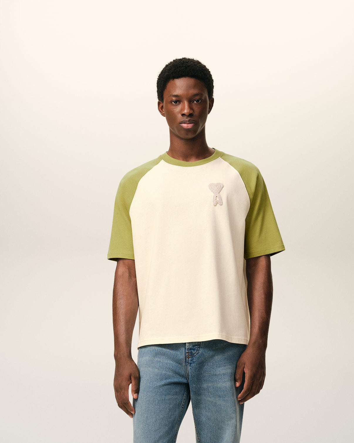White And Green Cotton Knitted Patch T-shirt