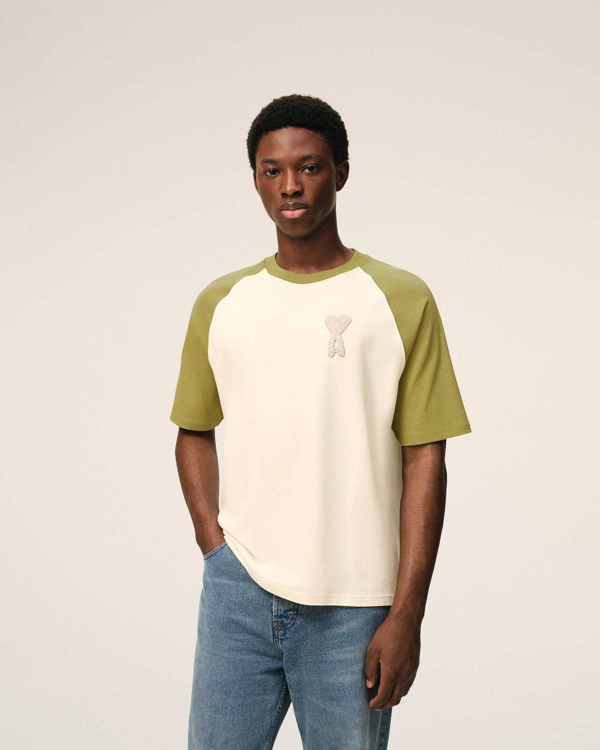 White And Green Cotton Knitted Patch T-shirt