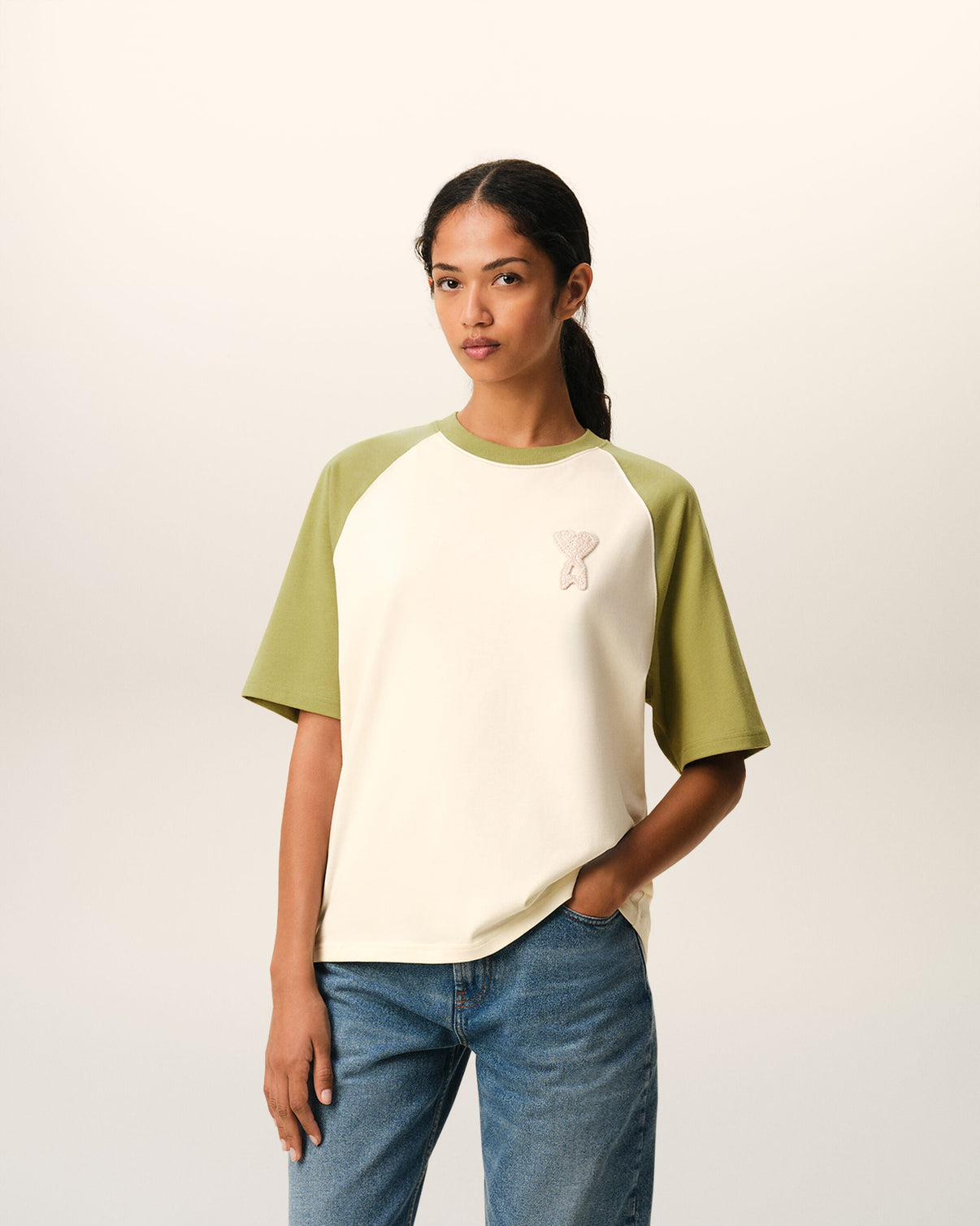 White And Green Cotton Knitted Patch T-shirt