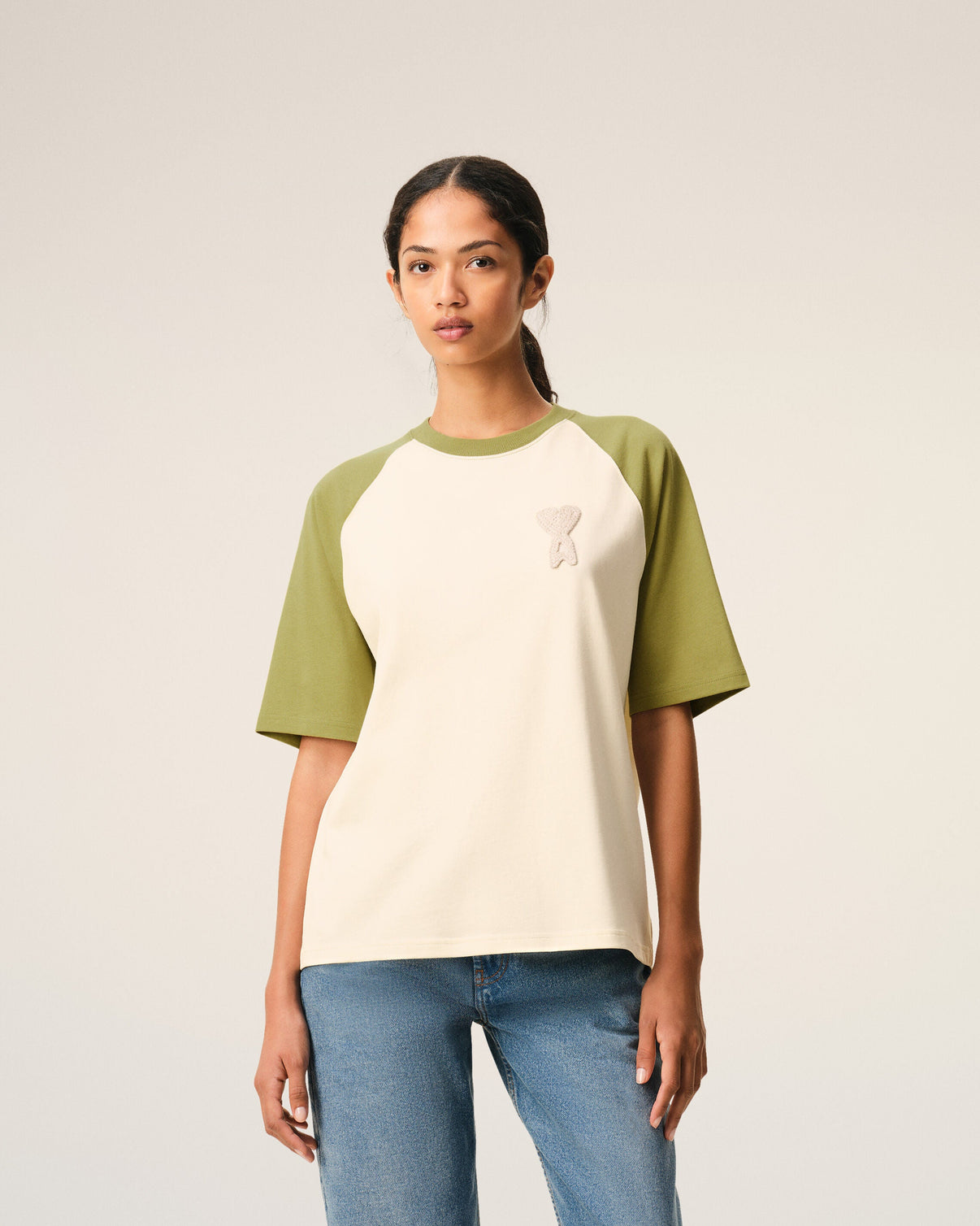 White And Green Cotton Knitted Patch T-shirt