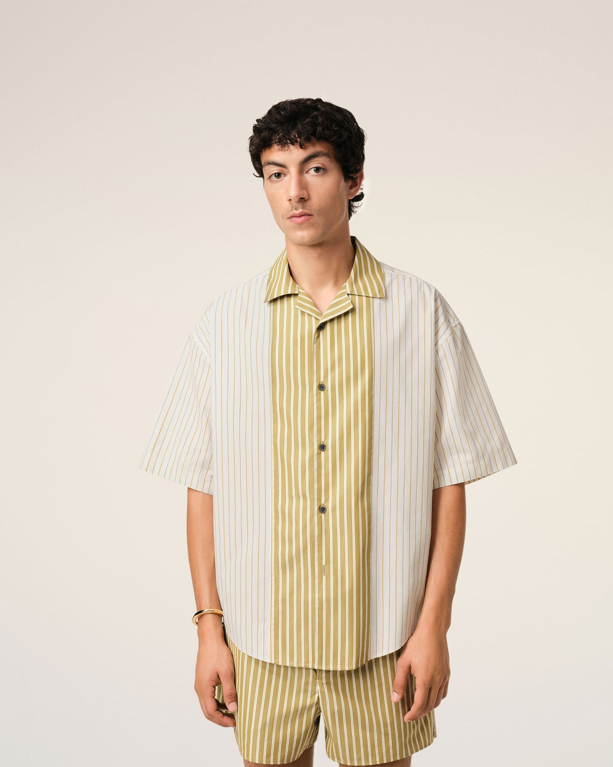 White And Khaki Cotton Short Sleeve Boxy Shirt