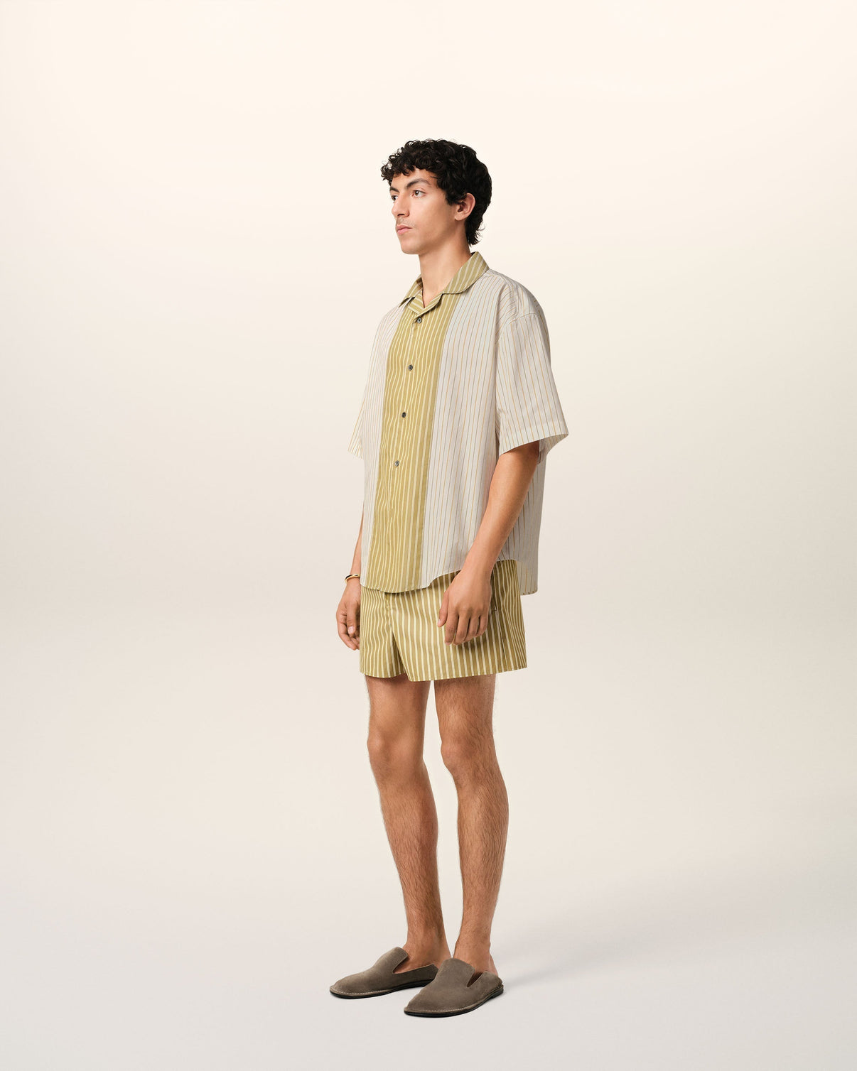 White And Khaki Cotton Short Sleeve Boxy Shirt