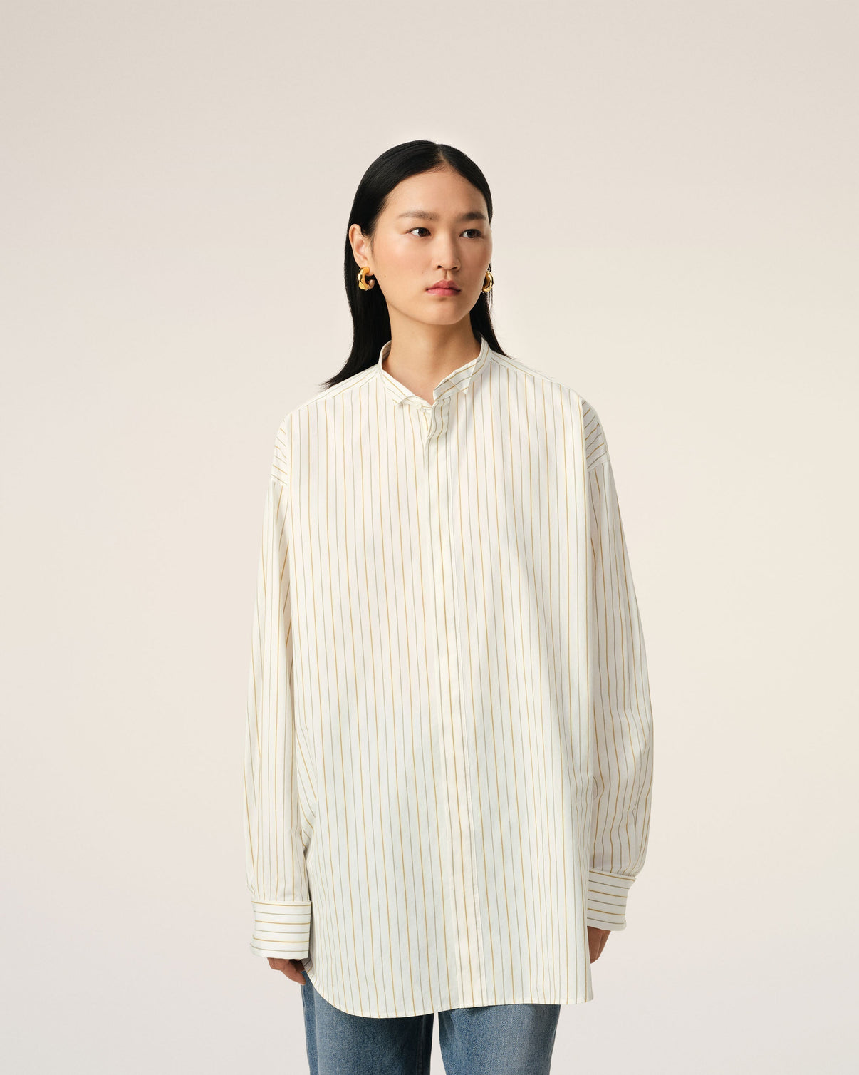 White And Khaki Cotton Wingtip Collar Oversized Shirt