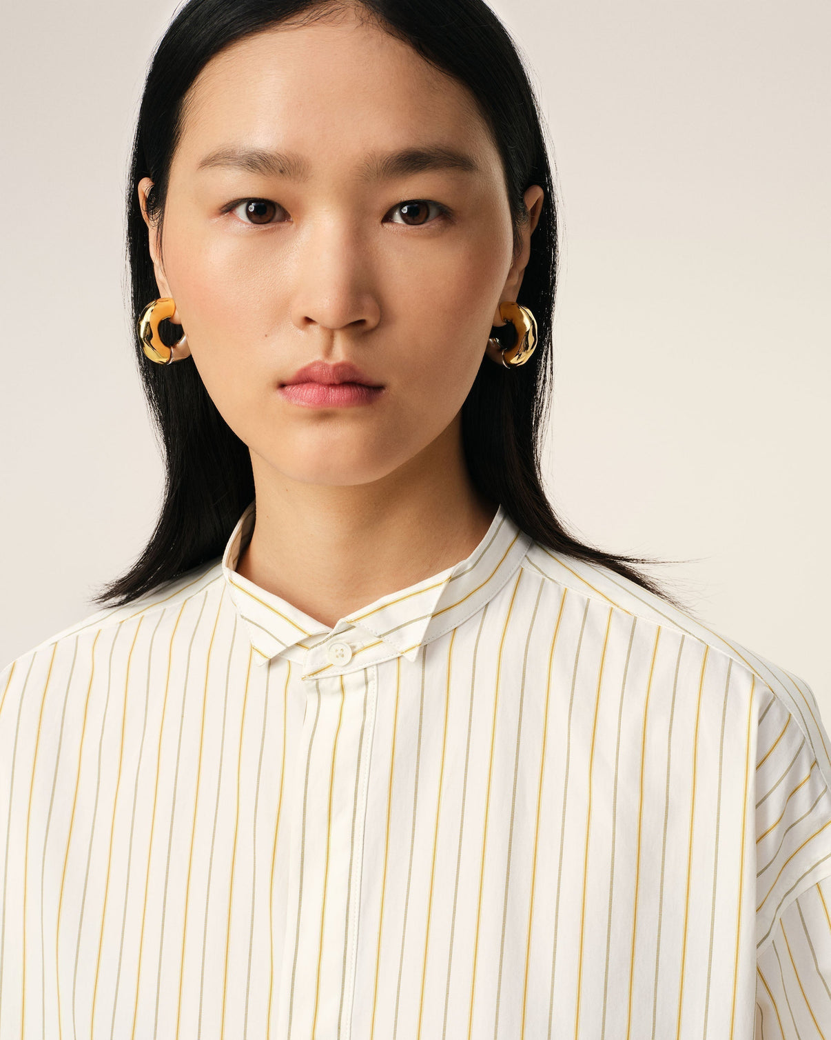 White And Khaki Cotton Wingtip Collar Oversized Shirt