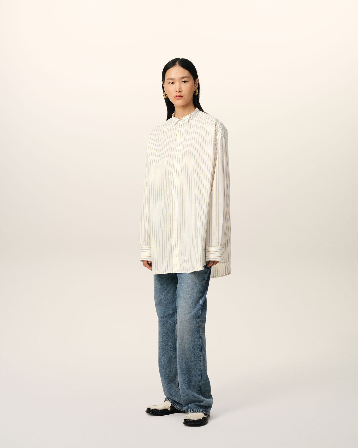 White And Khaki Cotton Wingtip Collar Oversized Shirt
