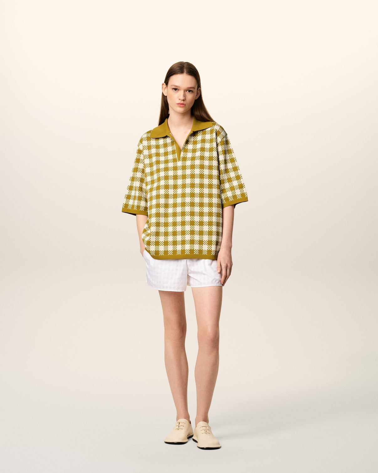 White And Mustard Yellow Vichy Short Sleeves Polo
