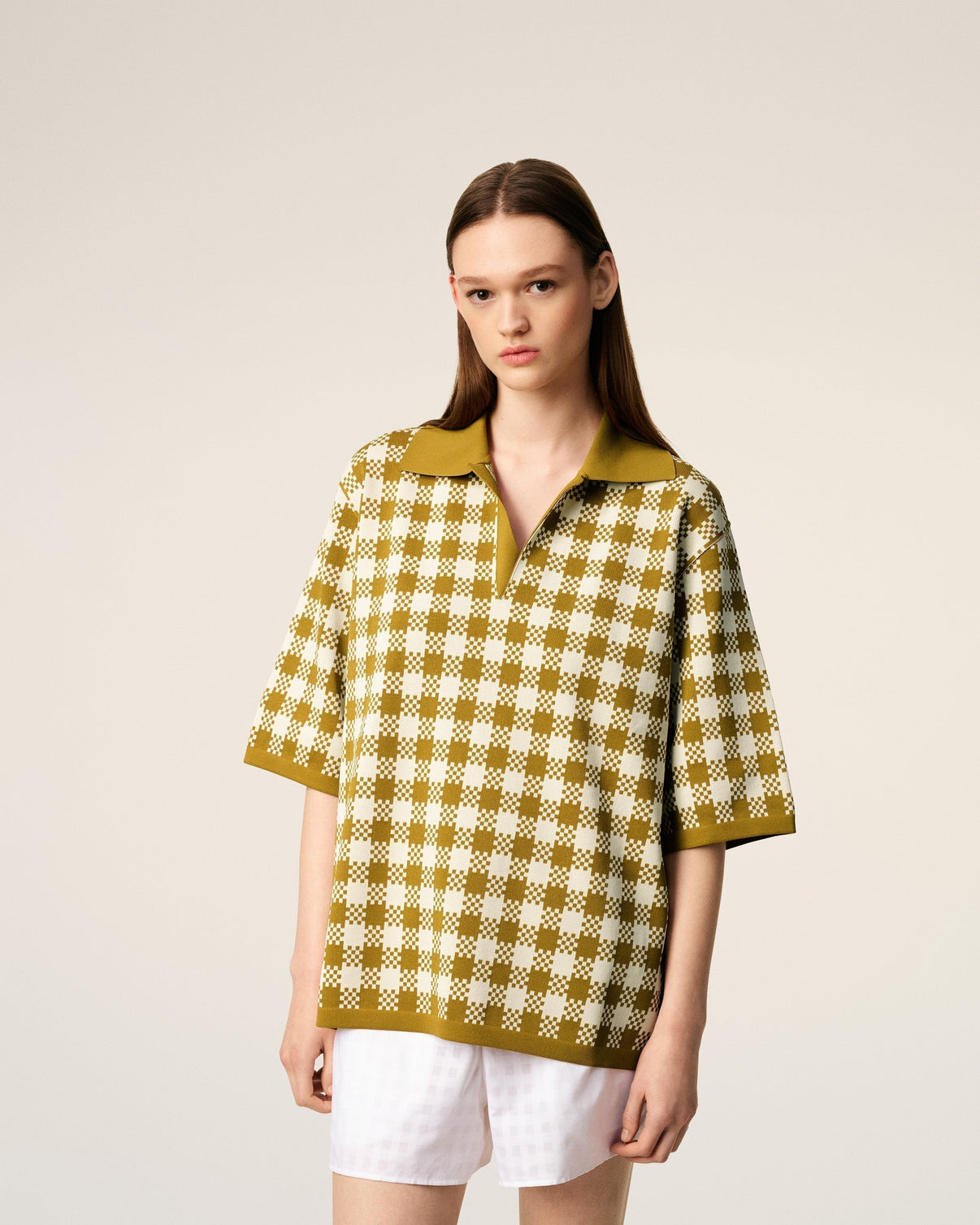 White And Mustard Yellow Vichy Short Sleeves Polo