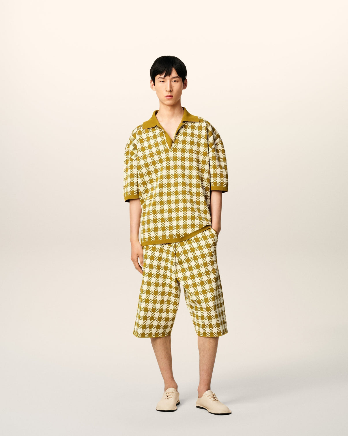 White And Mustard Yellow Vichy Short Sleeves Polo