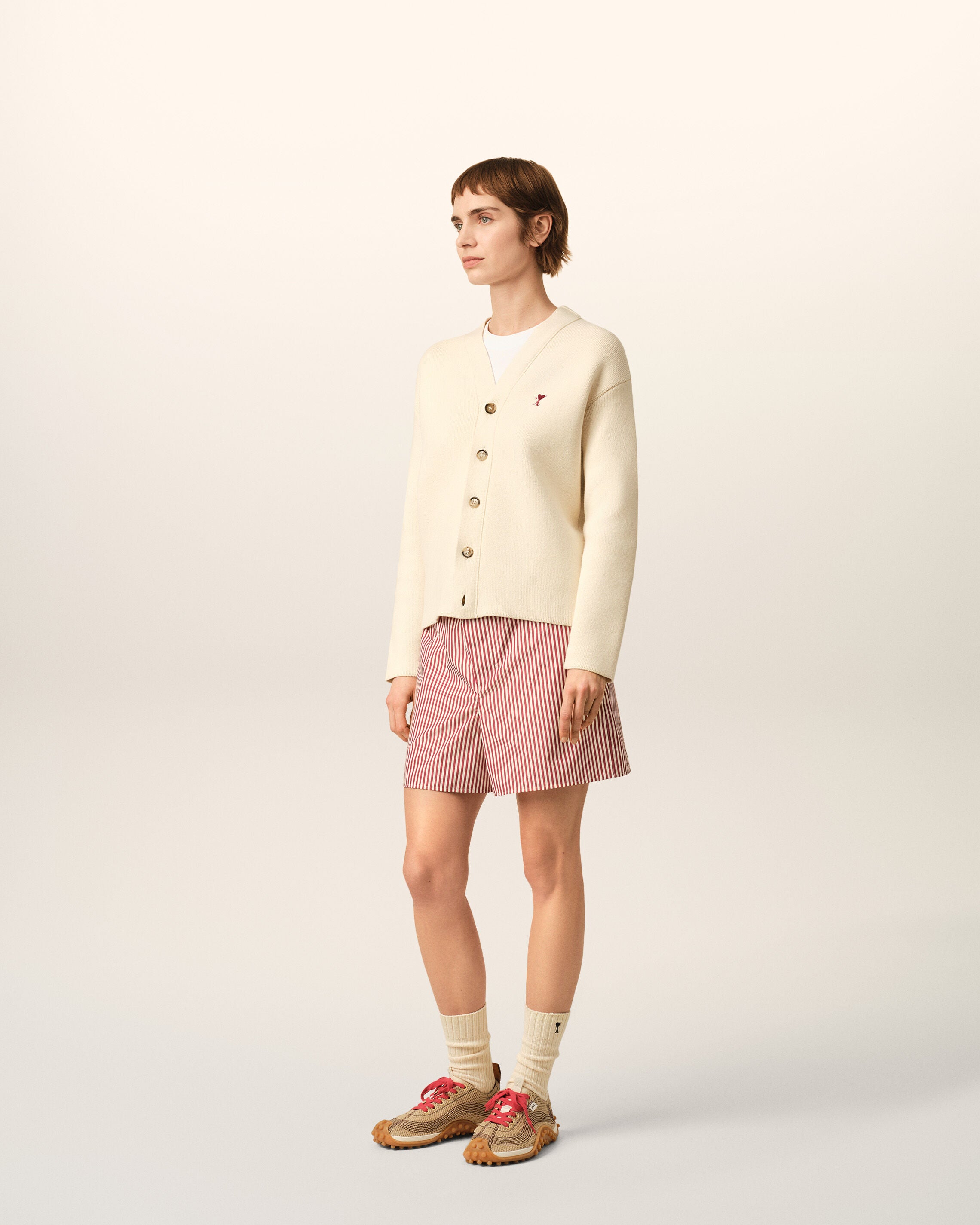 White cotton and wool cardigan with heart arrow