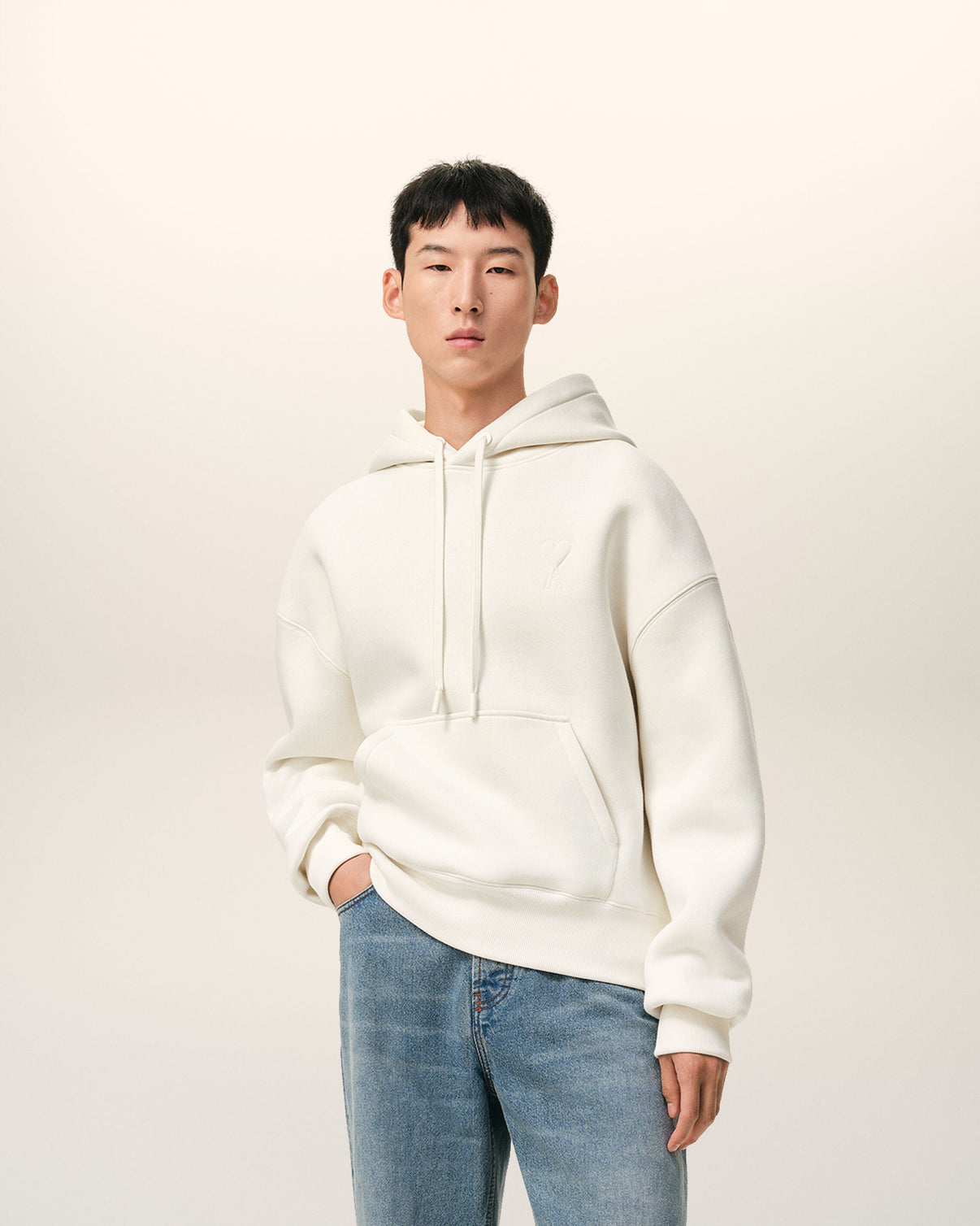 White Cotton Embossed Hoodie