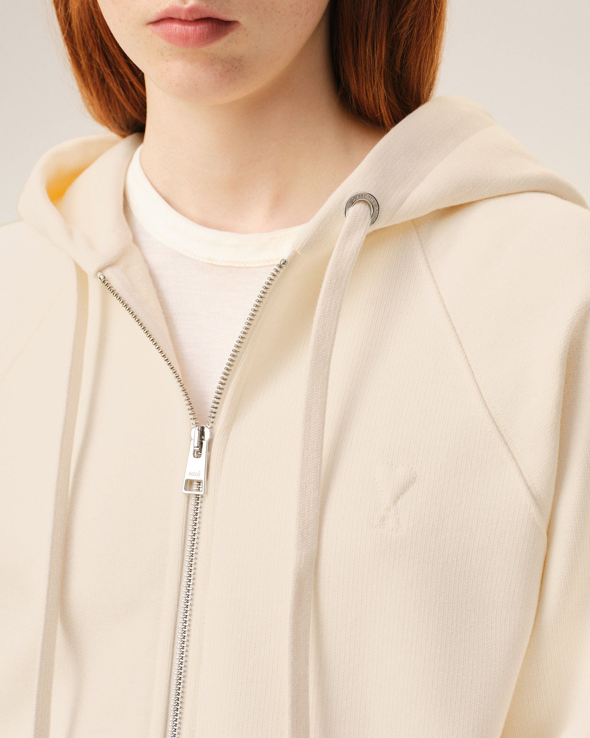 White Cotton Embossed Zipped Hoodie