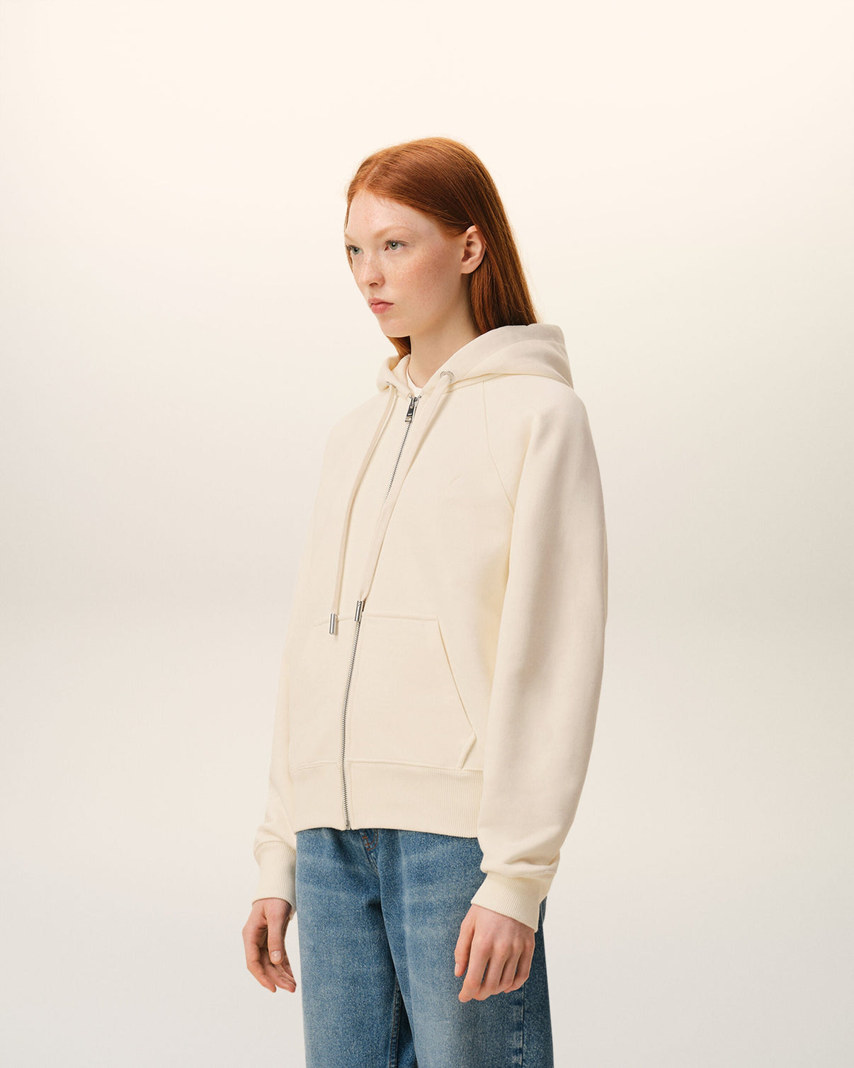 White Cotton Embossed Zipped Hoodie