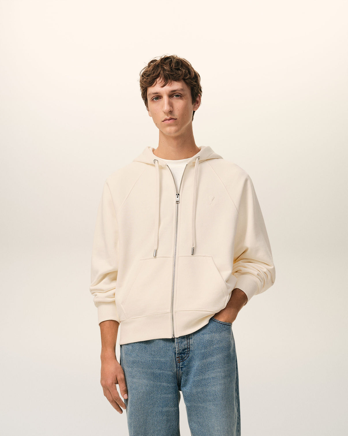 White Cotton Embossed Zipped Hoodie