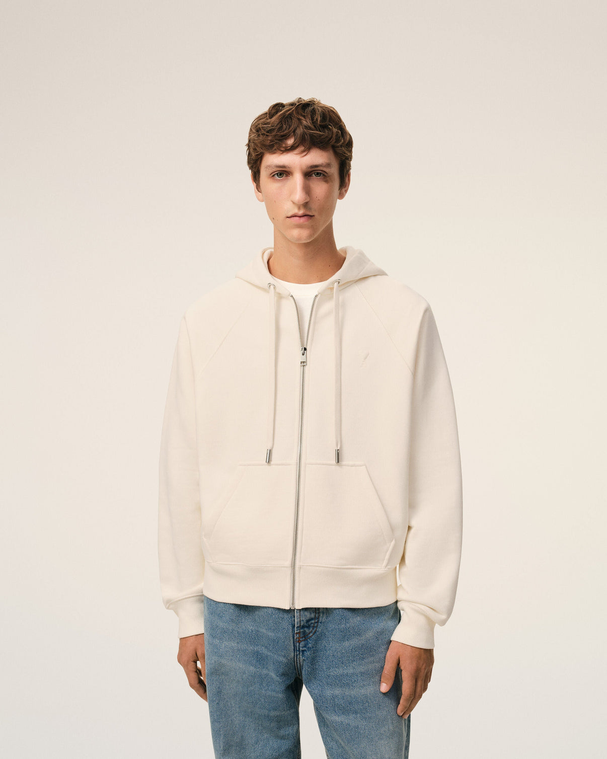 White Cotton Embossed Zipped Hoodie