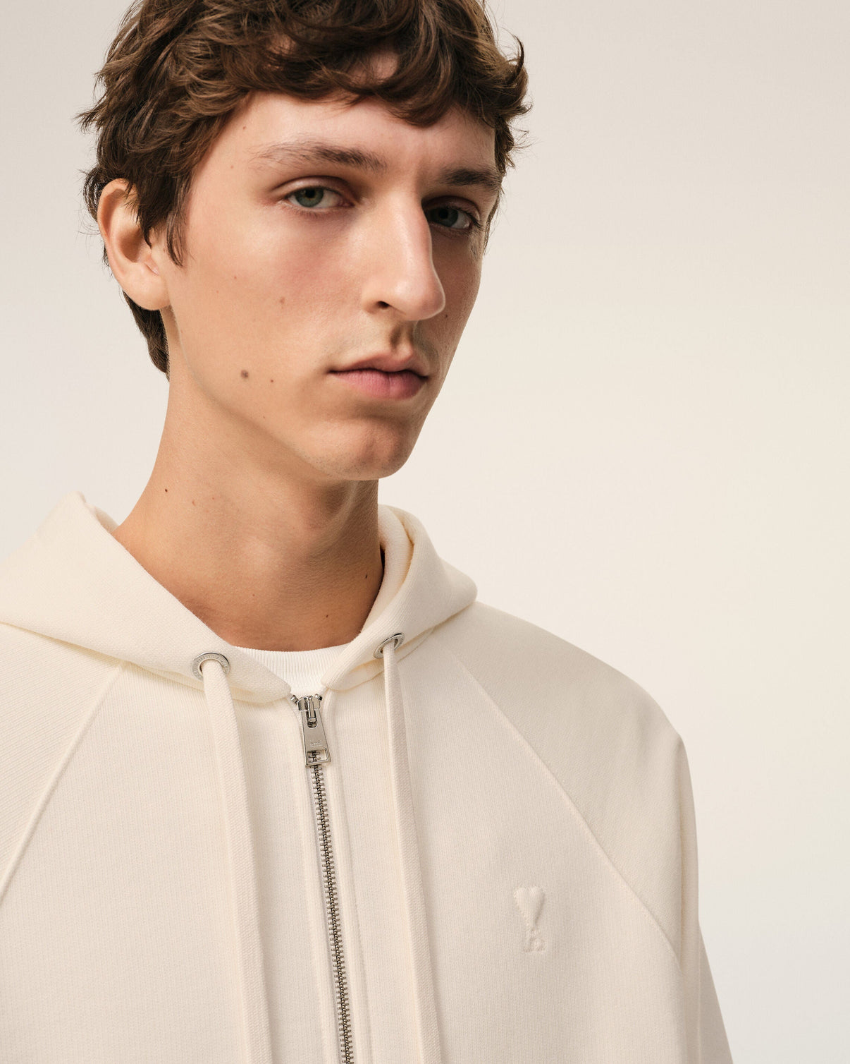 White Cotton Embossed Zipped Hoodie