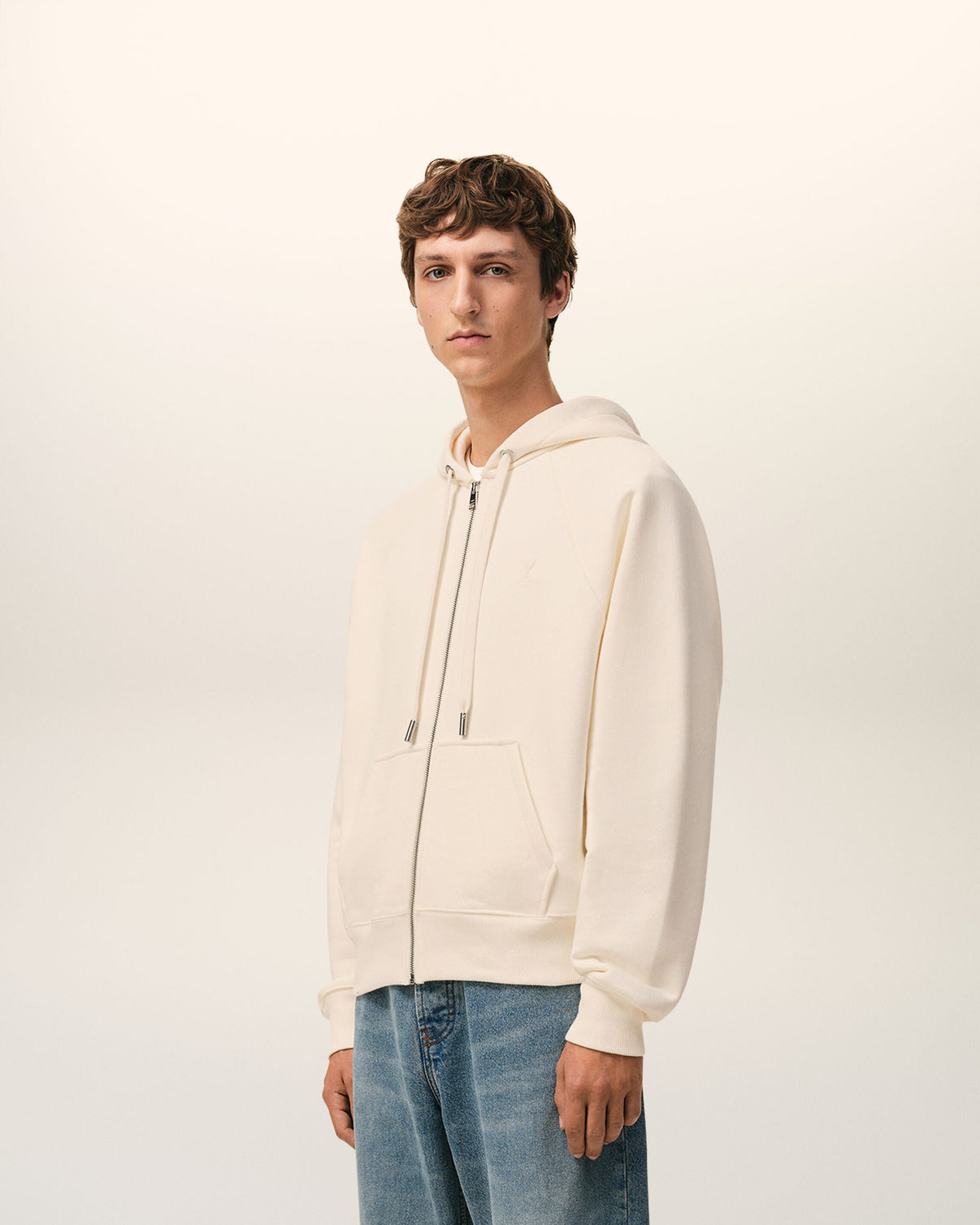 White Cotton Embossed Zipped Hoodie