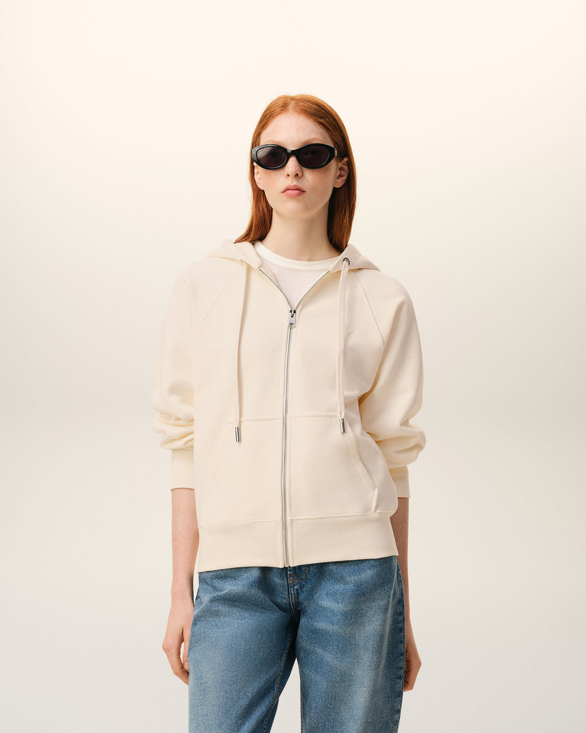 White Cotton Embossed Zipped Hoodie