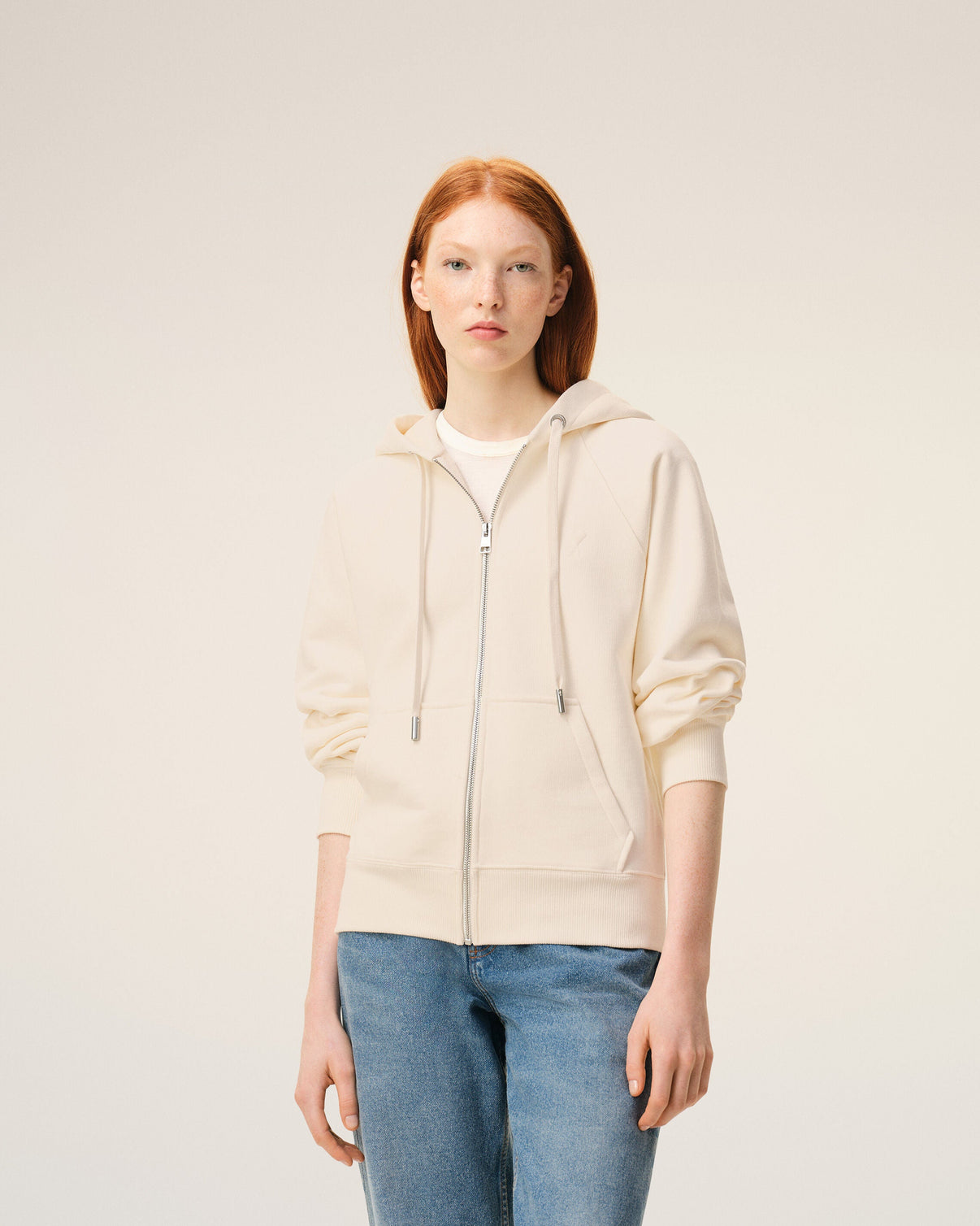 White Cotton Embossed Zipped Hoodie
