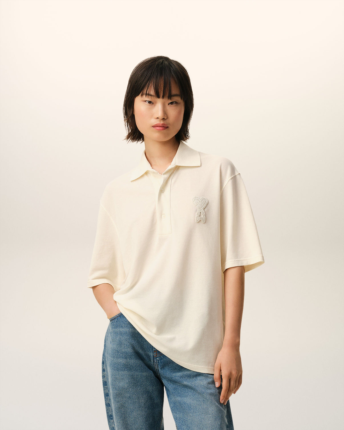 White Cotton Knitted Patch Polo