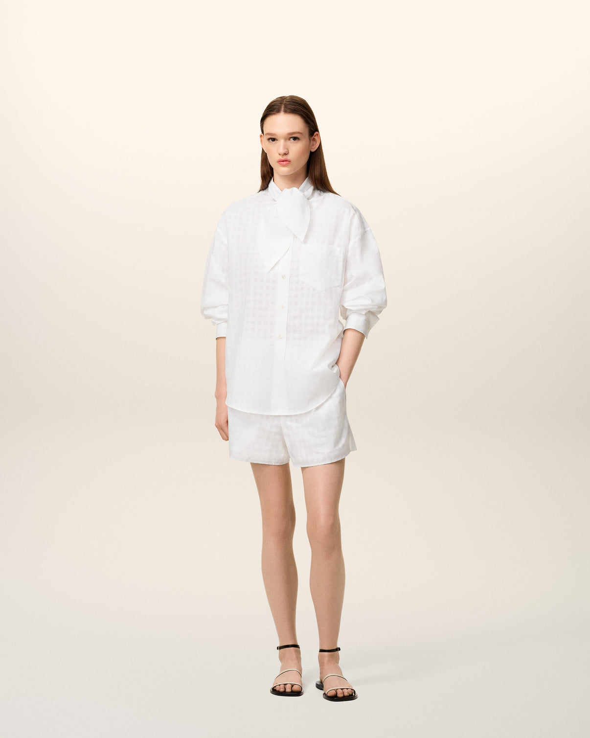 White Cotton Scarf Collar Shirt