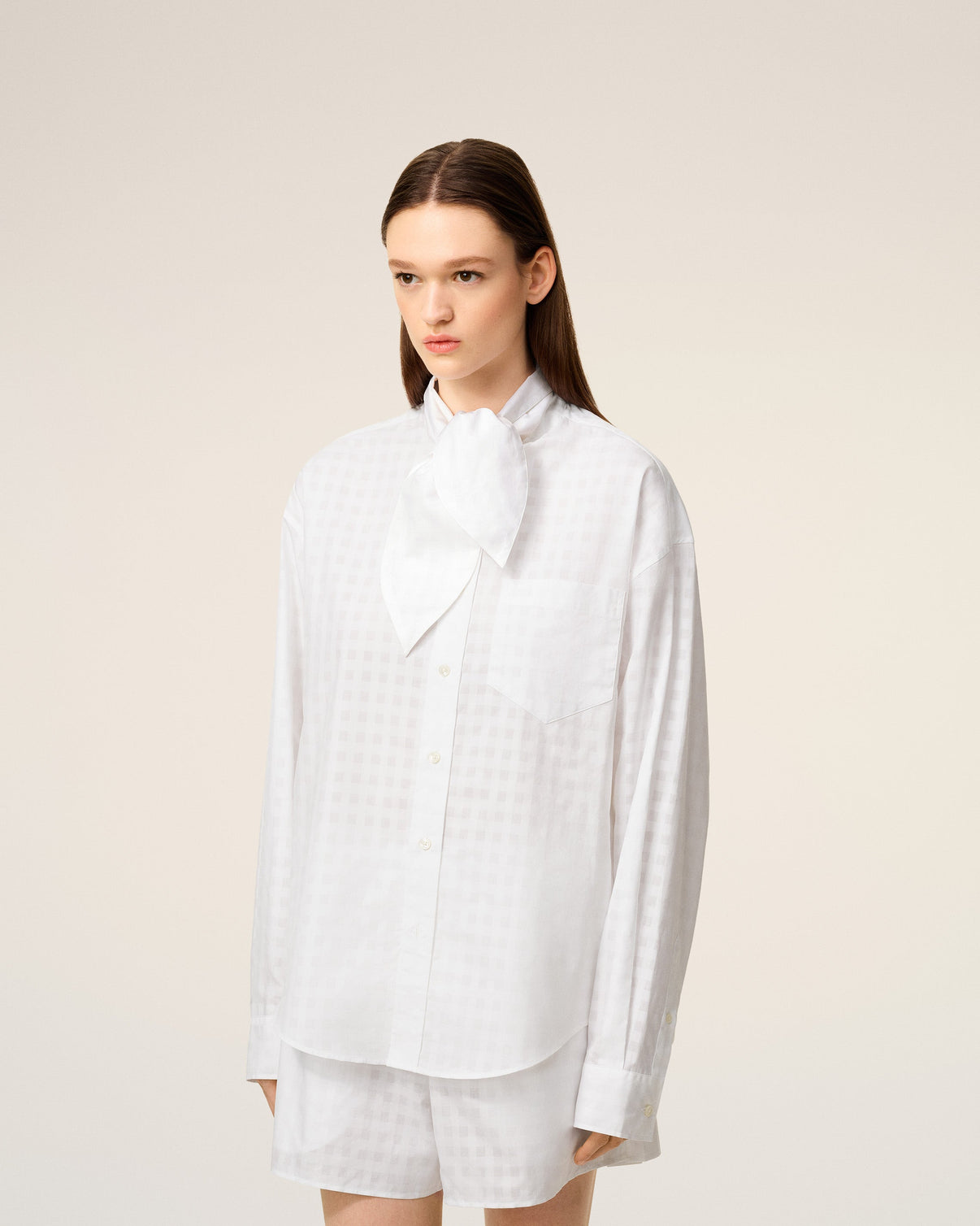 White Cotton Scarf Collar Shirt