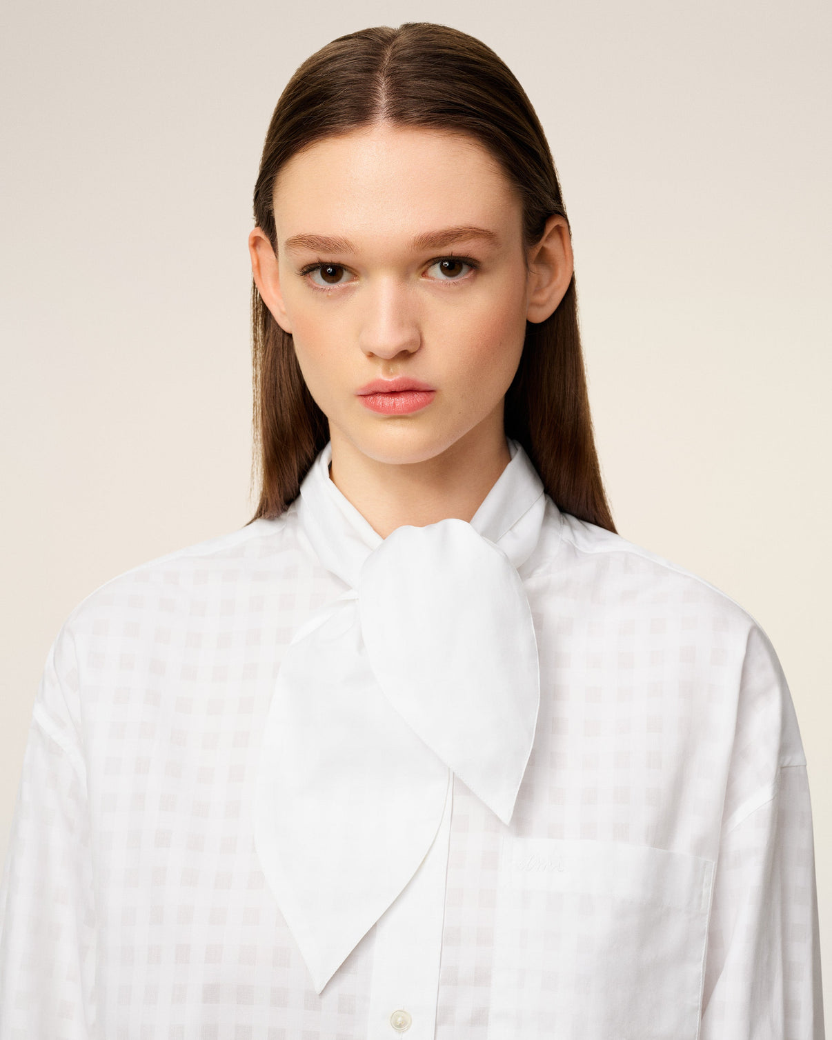 White Cotton Scarf Collar Shirt