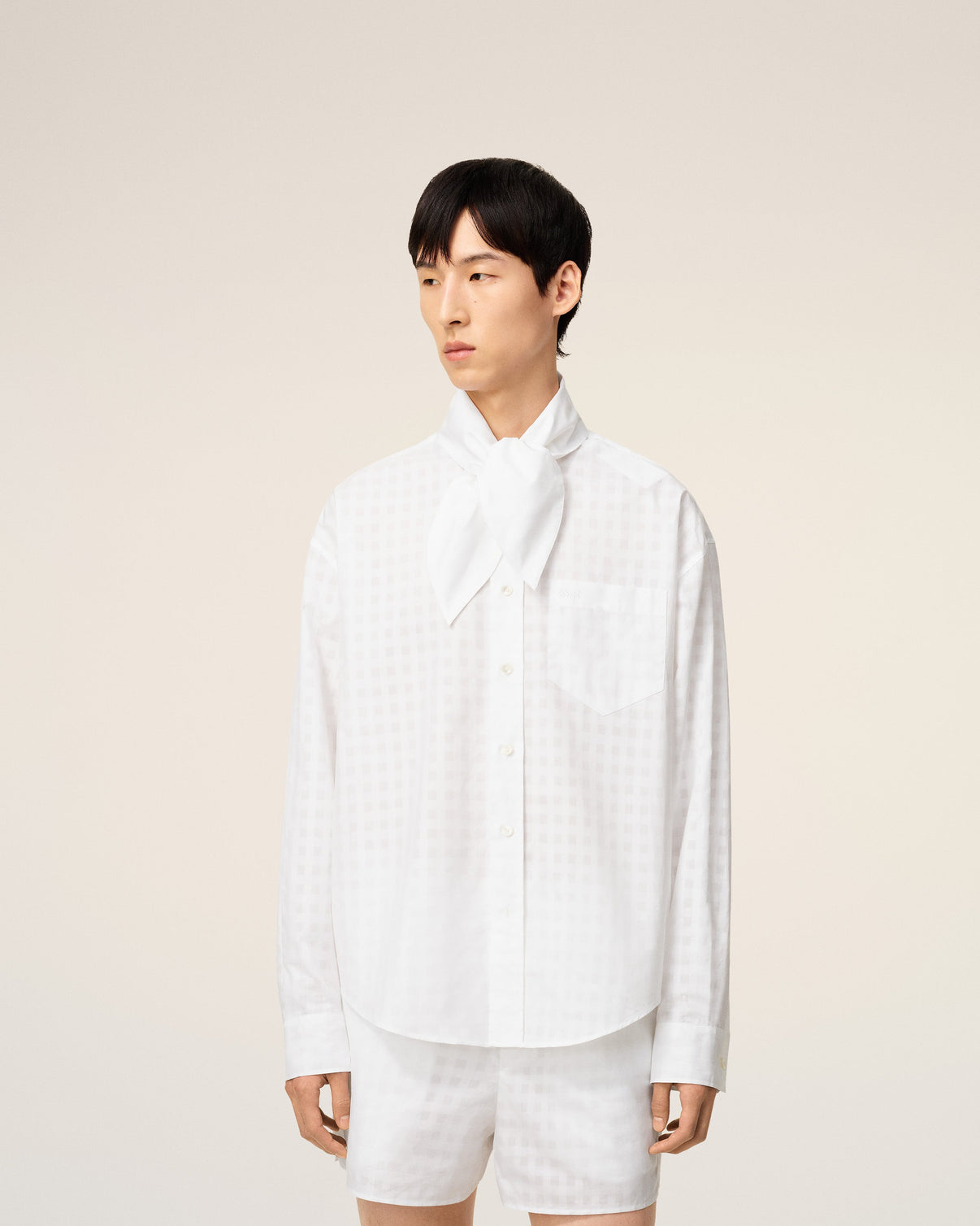 White Cotton Scarf Collar Shirt