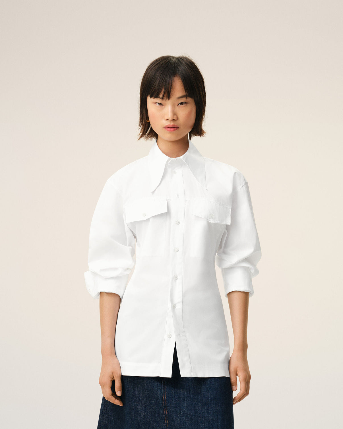 White Cotton Sharp Collar Fitted Shirt