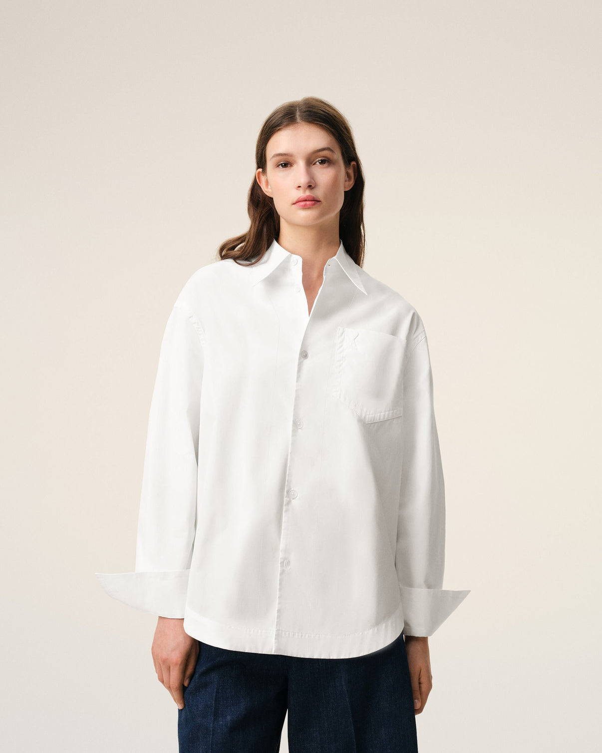 White Cotton Sharp Collar Wide Shirt