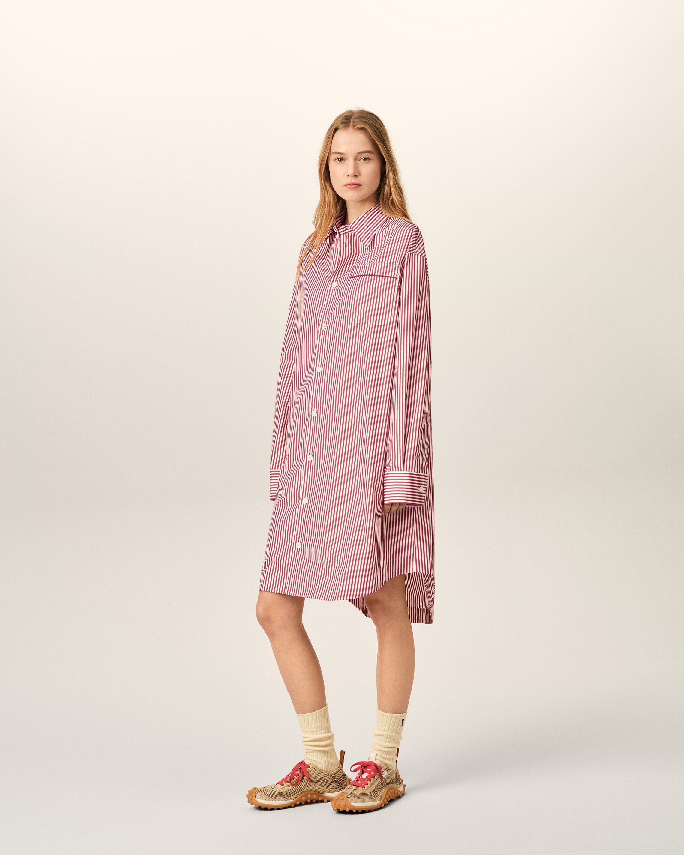 White striped cotton shirt dress with heart arrow