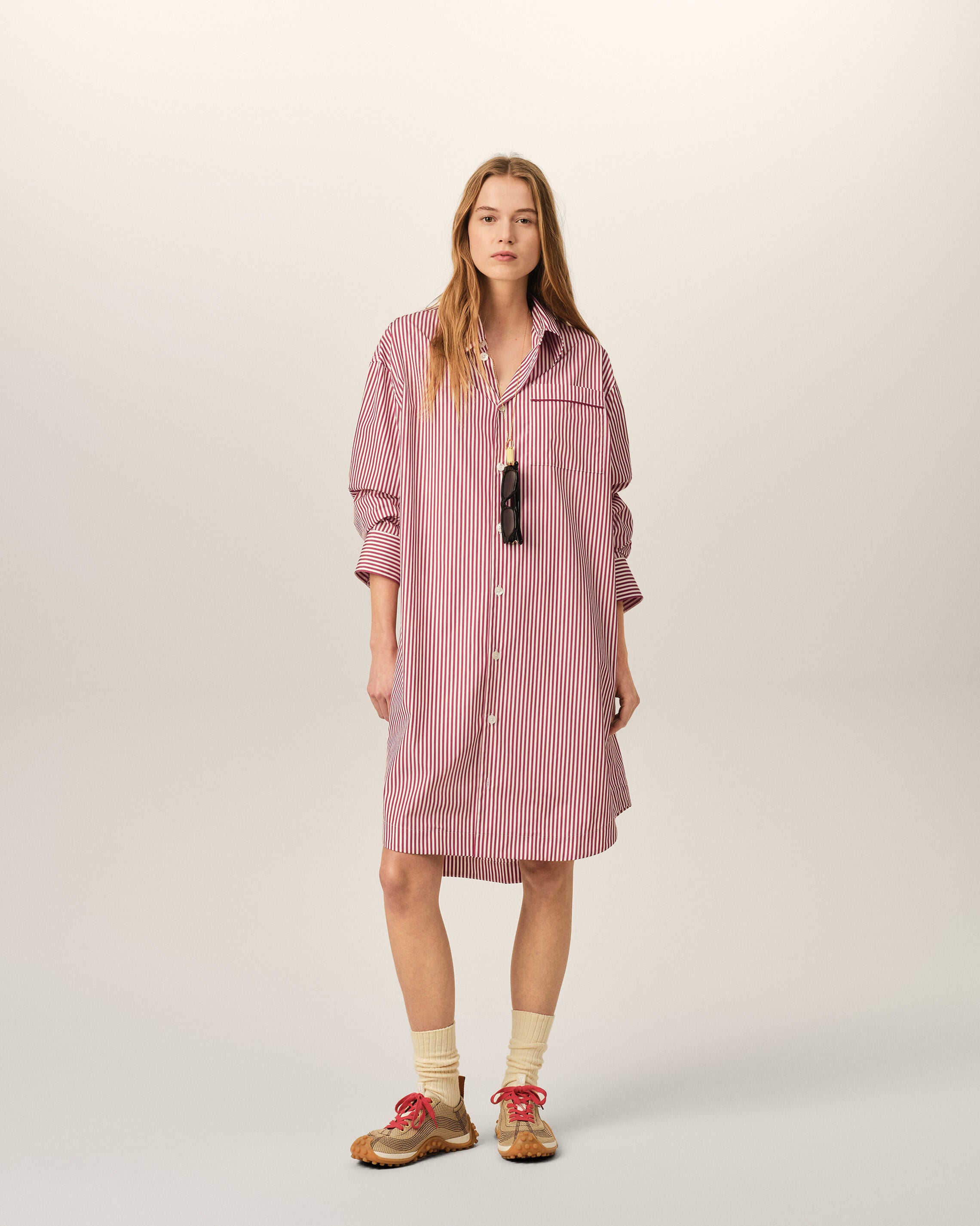 White striped cotton shirt dress with heart arrow