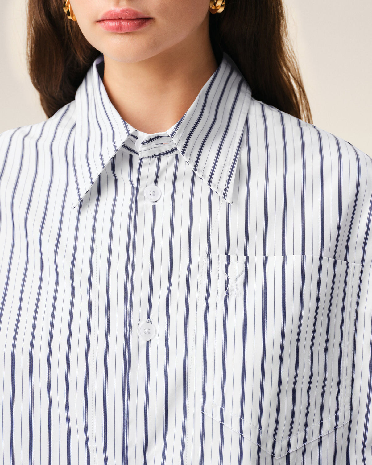 White Striped Cotton Short Sleeve Wide Shirt