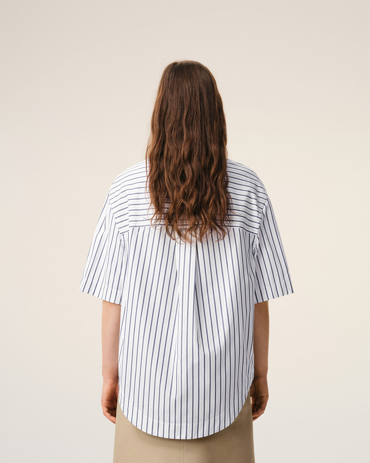 White Striped Cotton Short Sleeve Wide Shirt