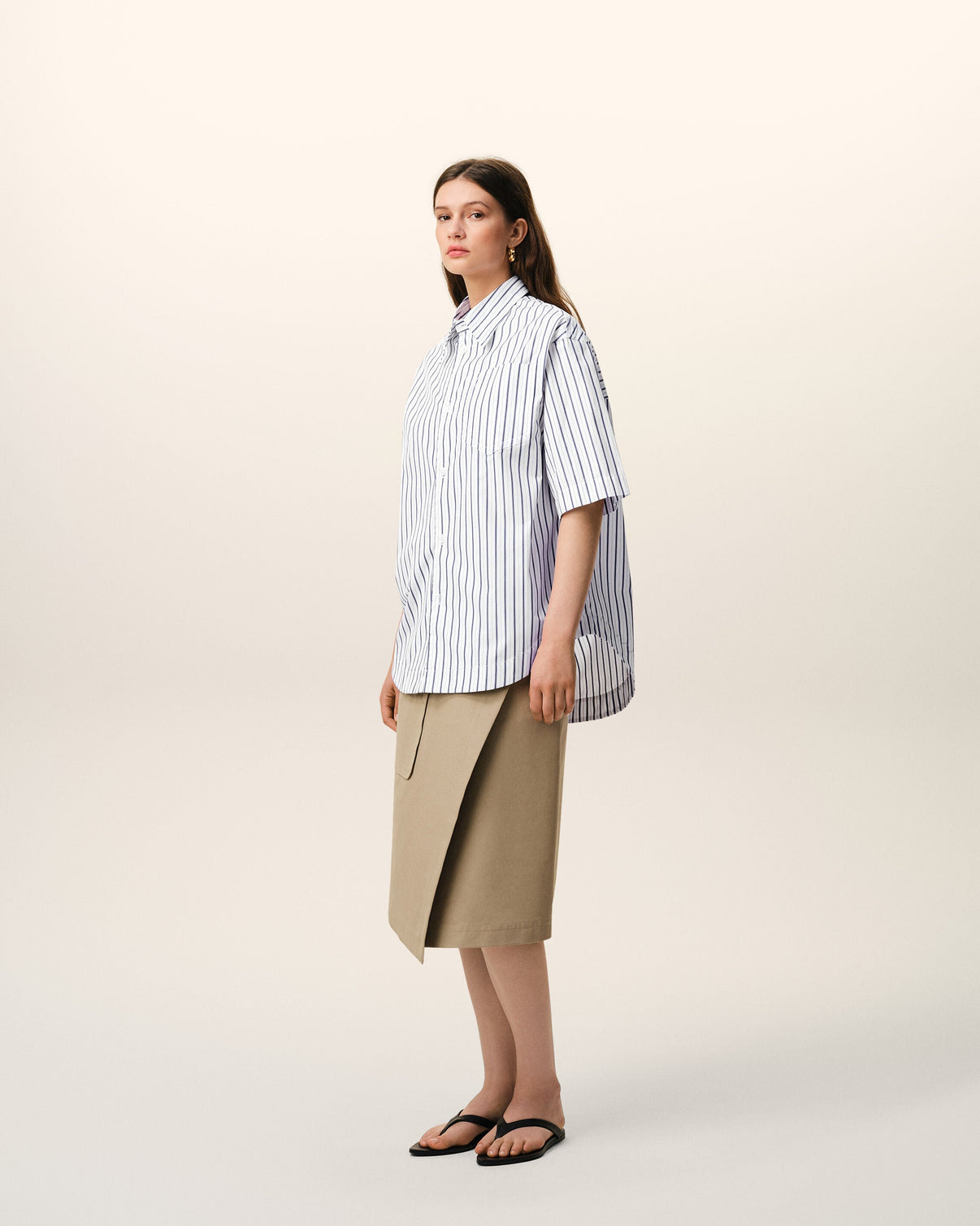 White Striped Cotton Short Sleeve Wide Shirt