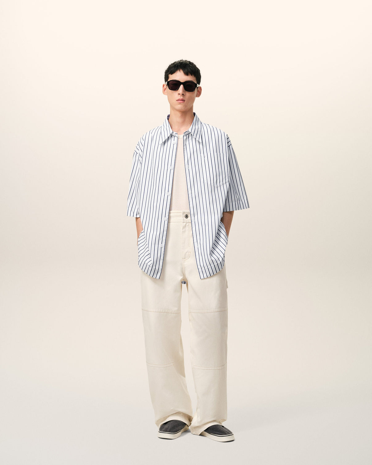 White Striped Cotton Short Sleeve Wide Shirt