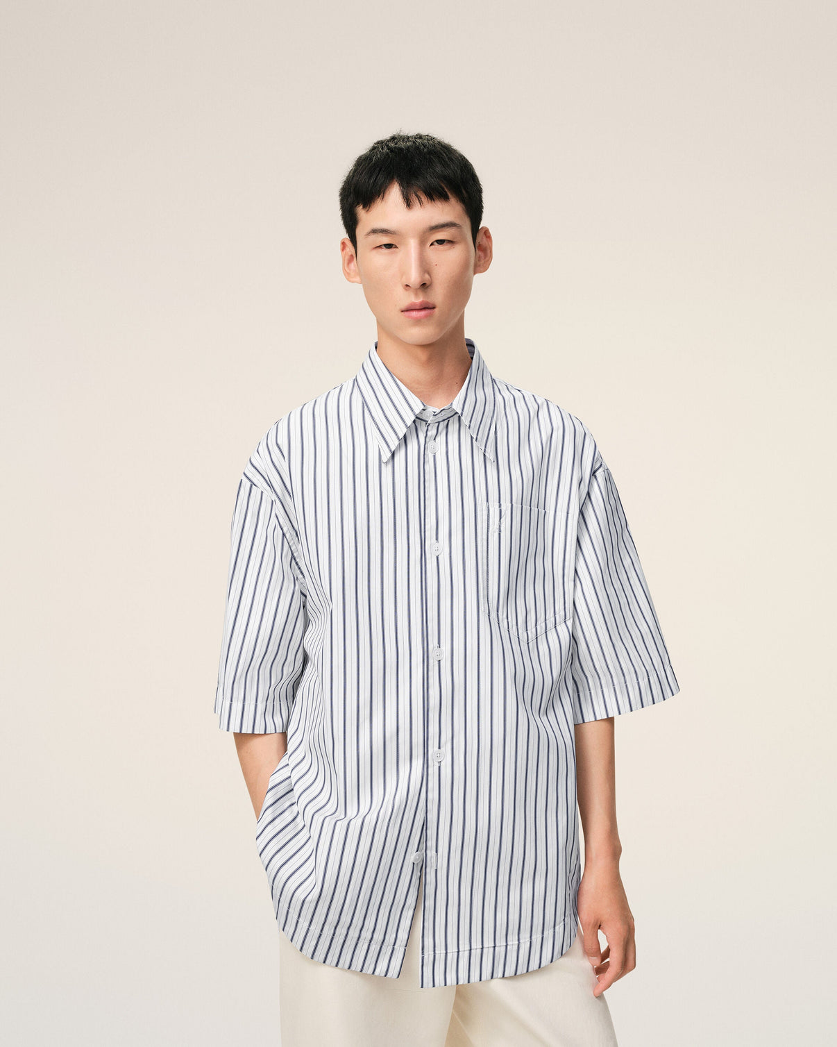 White Striped Cotton Short Sleeve Wide Shirt