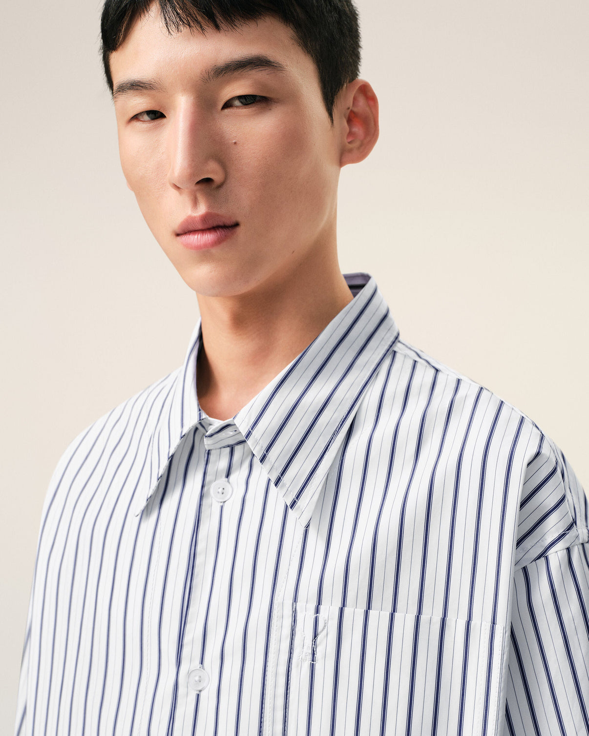 White Striped Cotton Short Sleeve Wide Shirt