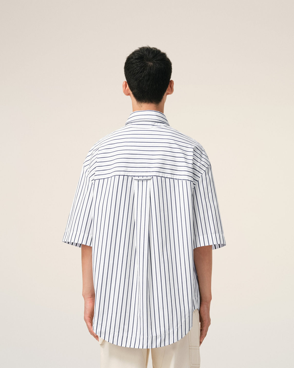 White Striped Cotton Short Sleeve Wide Shirt