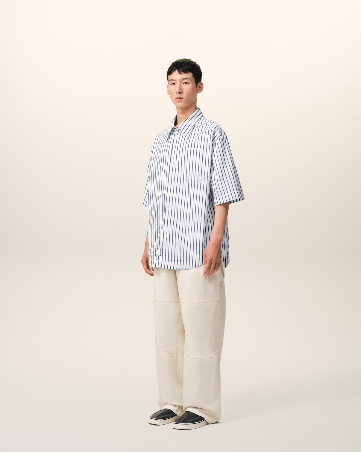White Striped Cotton Short Sleeve Wide Shirt