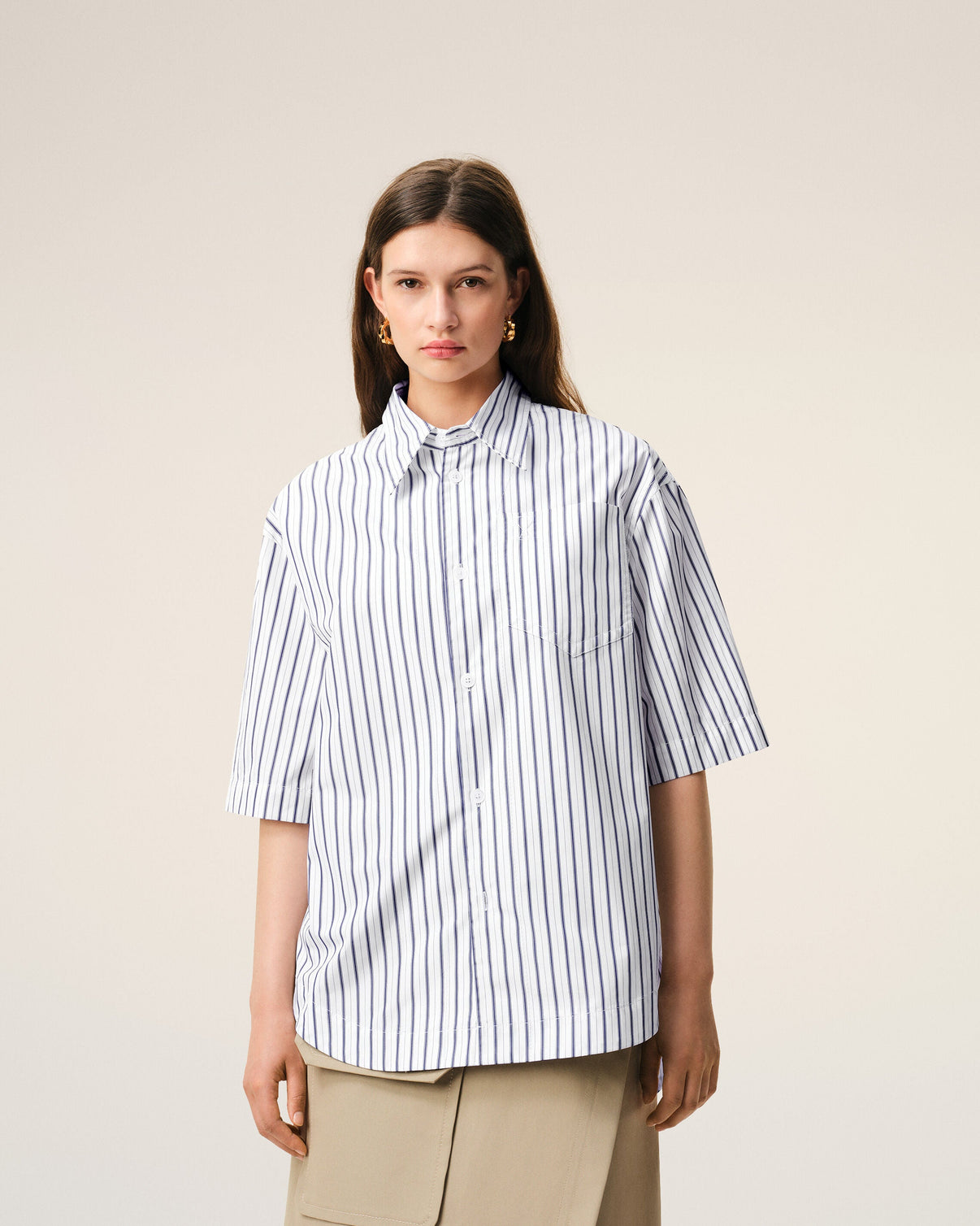 White Striped Cotton Short Sleeve Wide Shirt